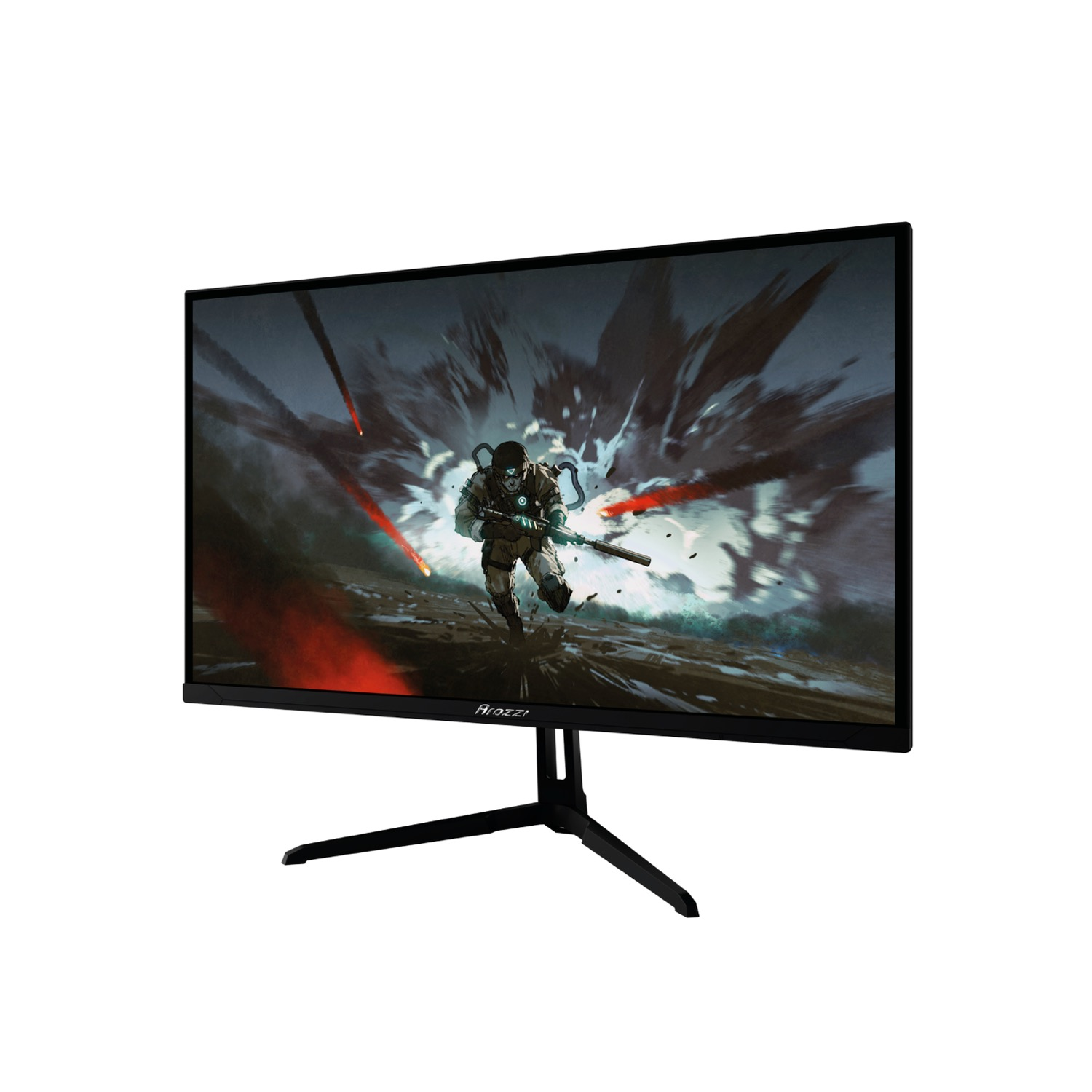 Un monitor di computer nero su supporto mostra un videogioco d'azione con un'esplosione e un soldato.