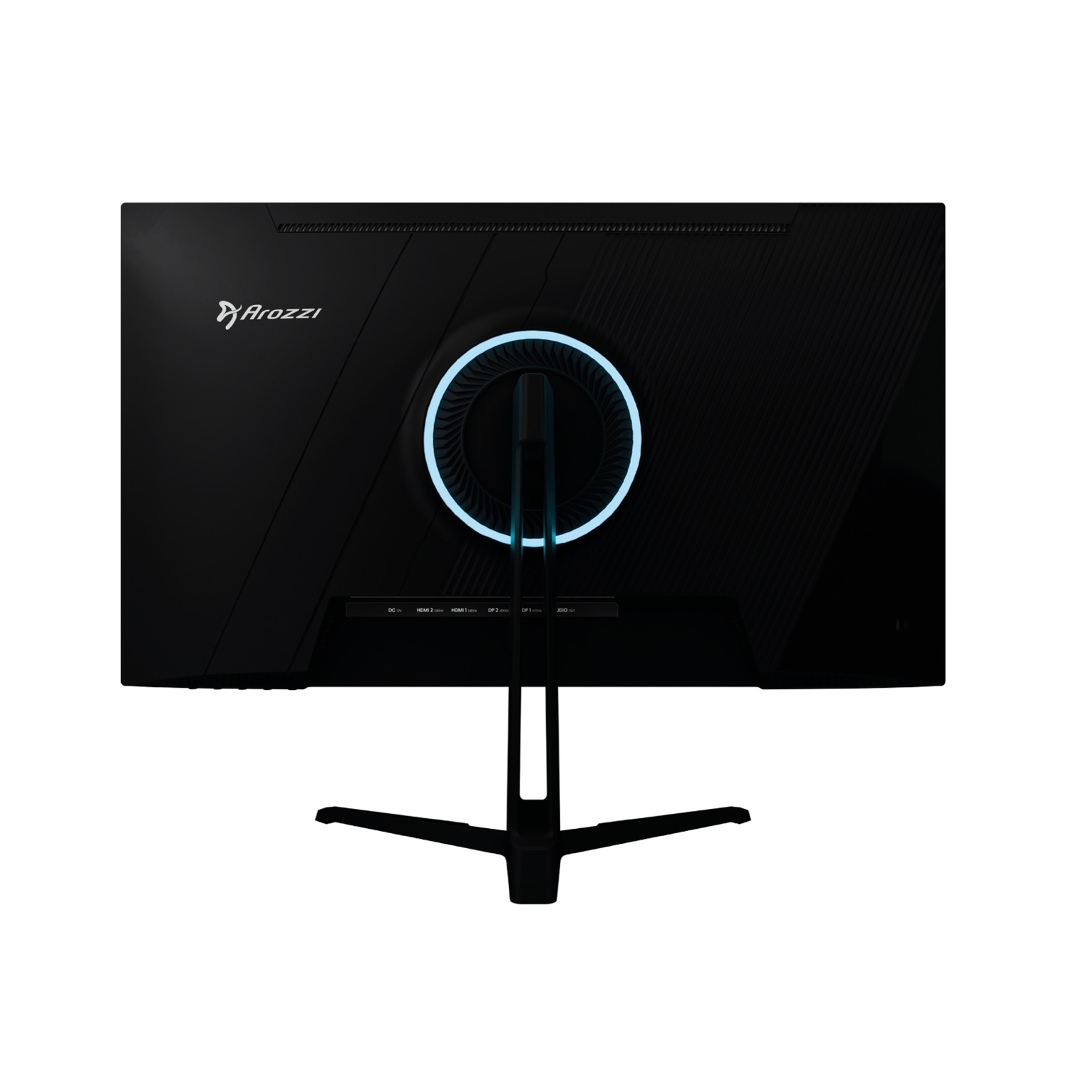 Retro di un monitor Arozzi nero con un cerchio blu luminoso e supporto su sfondo bianco.