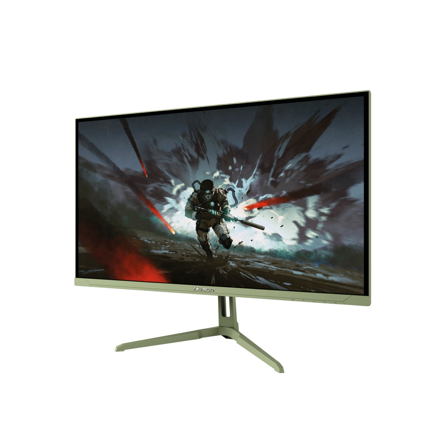 Un monitor da gioco verde chiaro mostra una scena d'azione esplosiva con un soldato.