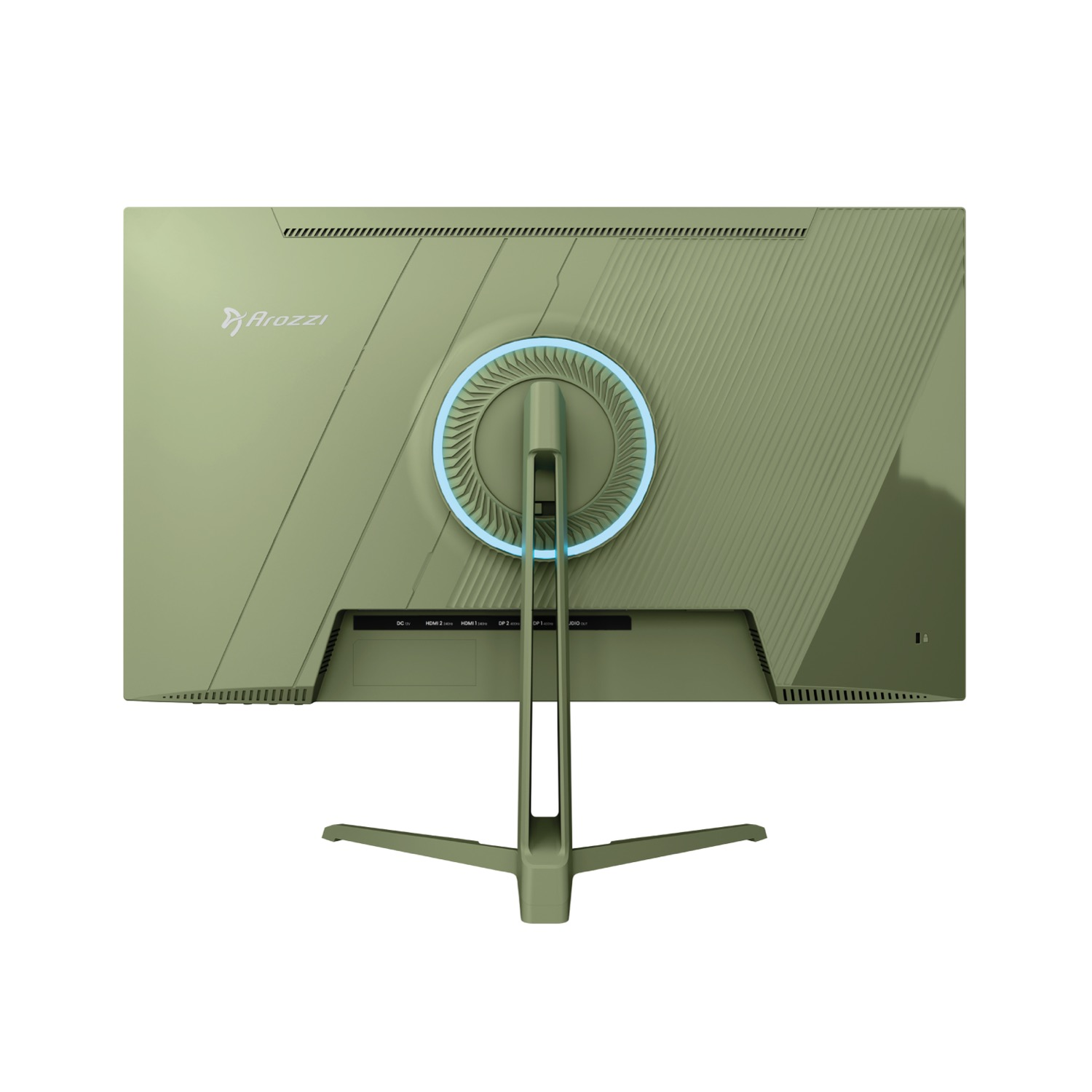 Vista posteriore di un monitor Arozzi verde con una luce circolare blu attorno al supporto su sfondo bianco.