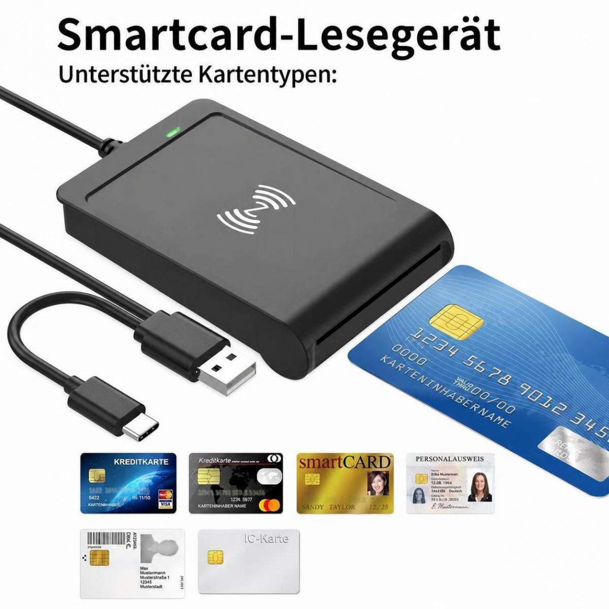Ein schwarzes Smartcard-Lesegerät mit USB-Kabel und verschiedenen Karten wie Kredit- und Personalausweisen.