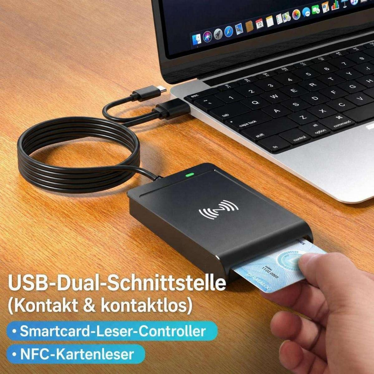 Ein schwarzer Kartenleser ist per USB mit einem Laptop verbunden, während eine Hand eine Smartcard einführt.