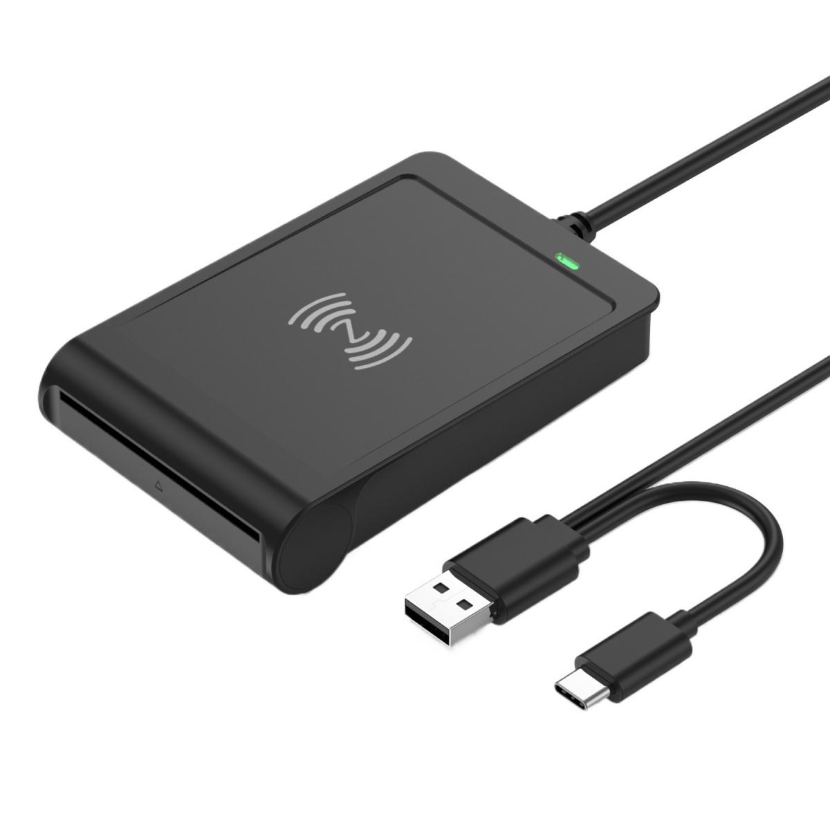 Schwarzes NFC-Kartengerät mit USB-Kabel auf weißem Hintergrund.