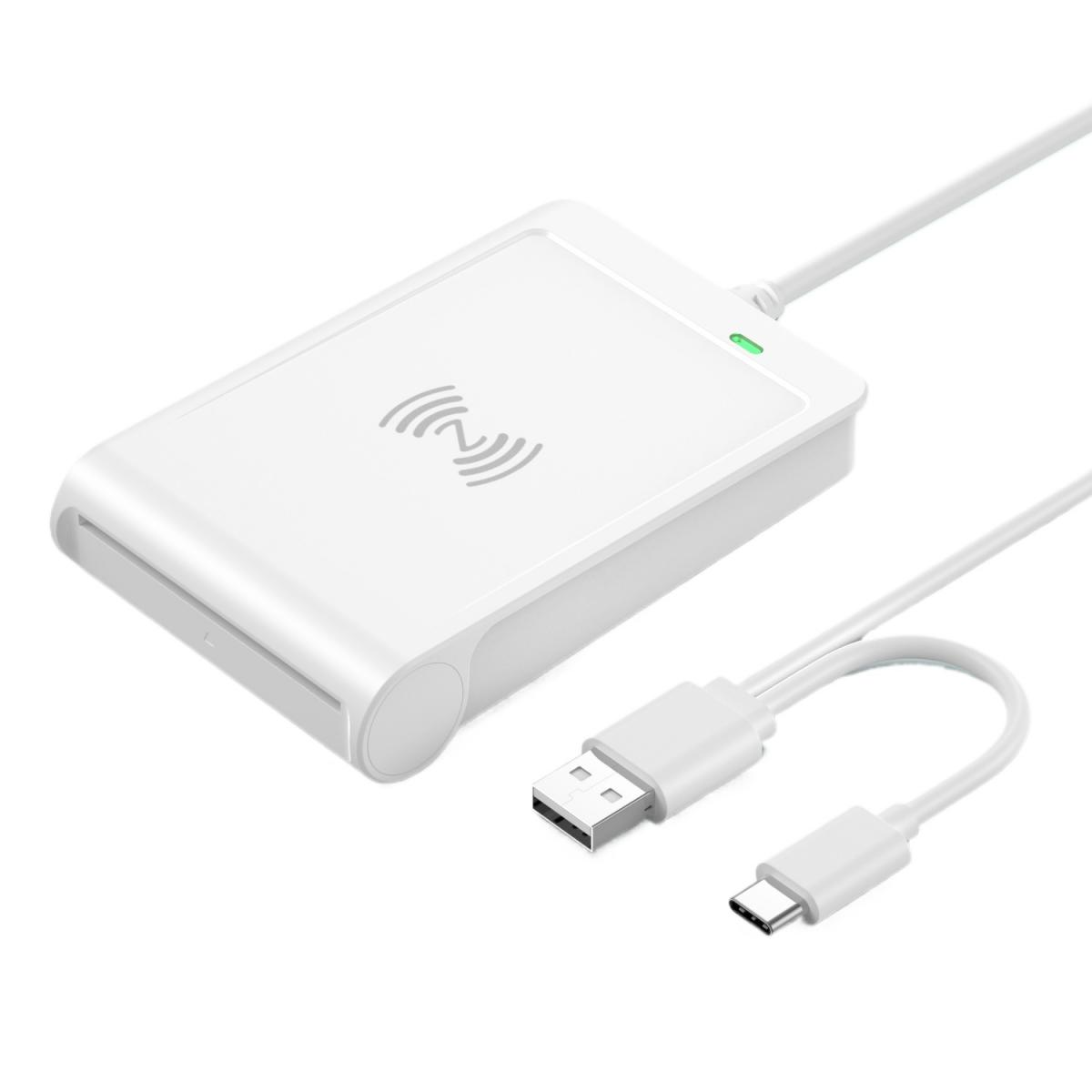 Ein weißes NFC-Kartenlesegerät mit USB-Kabel auf weißem Hintergrund.