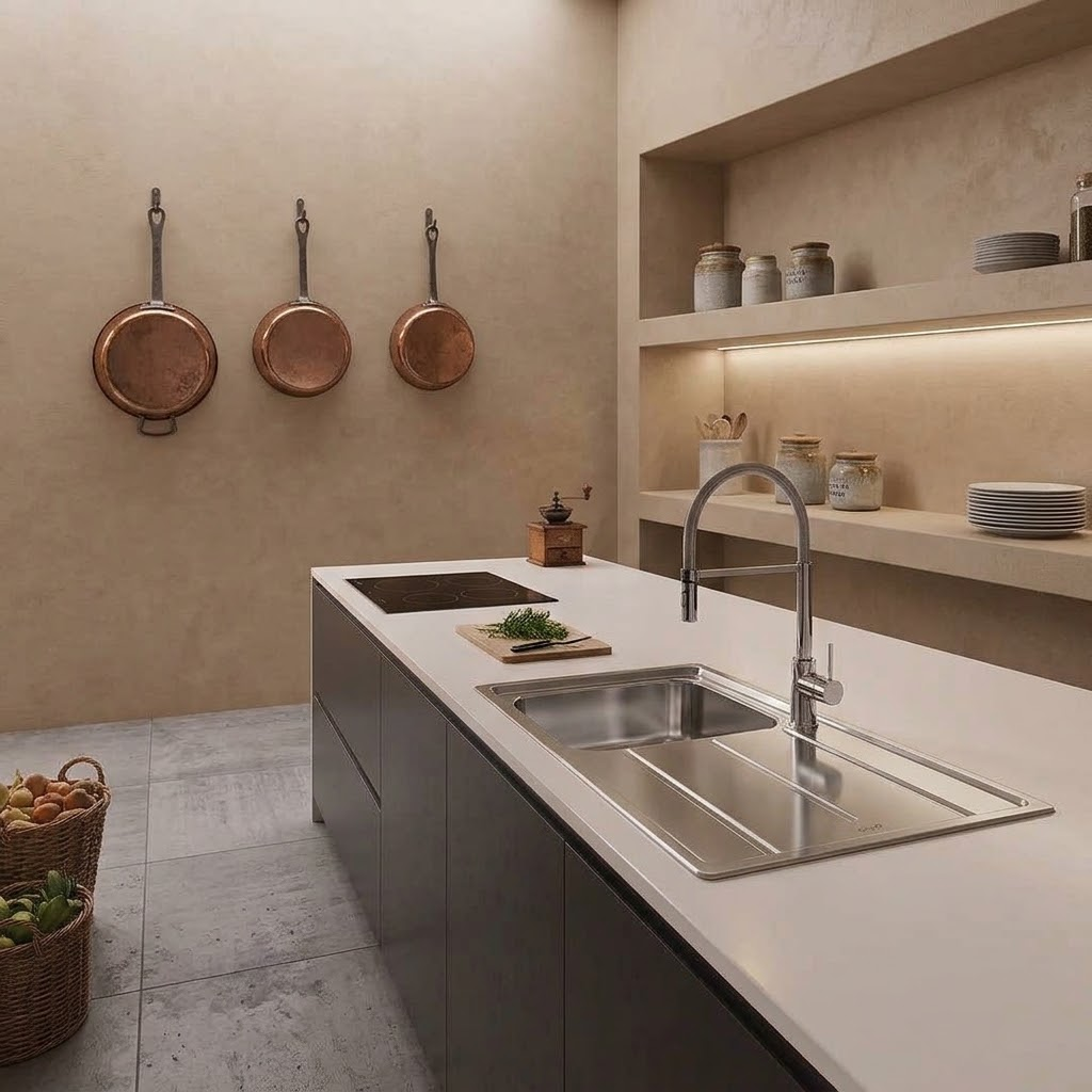 Una cucina moderna con isola bianca, lavello in acciaio, padelle in rame e mensole illuminate.