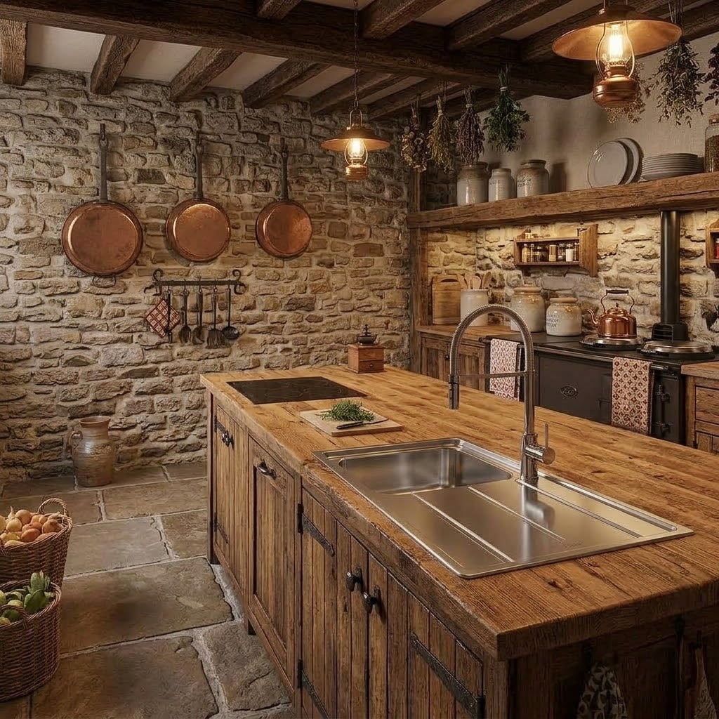 Cucina rustica con pareti in pietra, isola in legno, padelle in rame e travi.