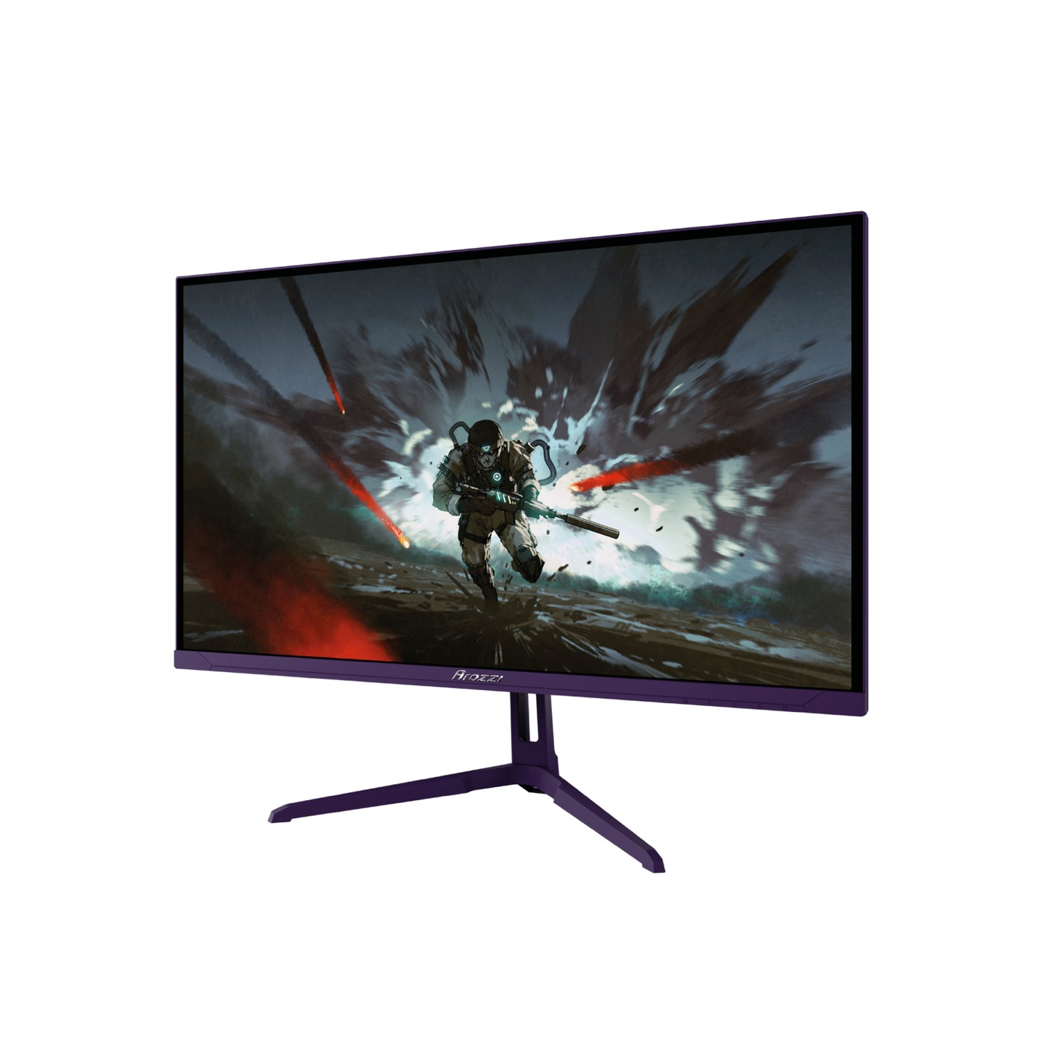 Un monitor da gioco viola mostra un videogioco d'azione con un soldato davanti a un'esplosione.