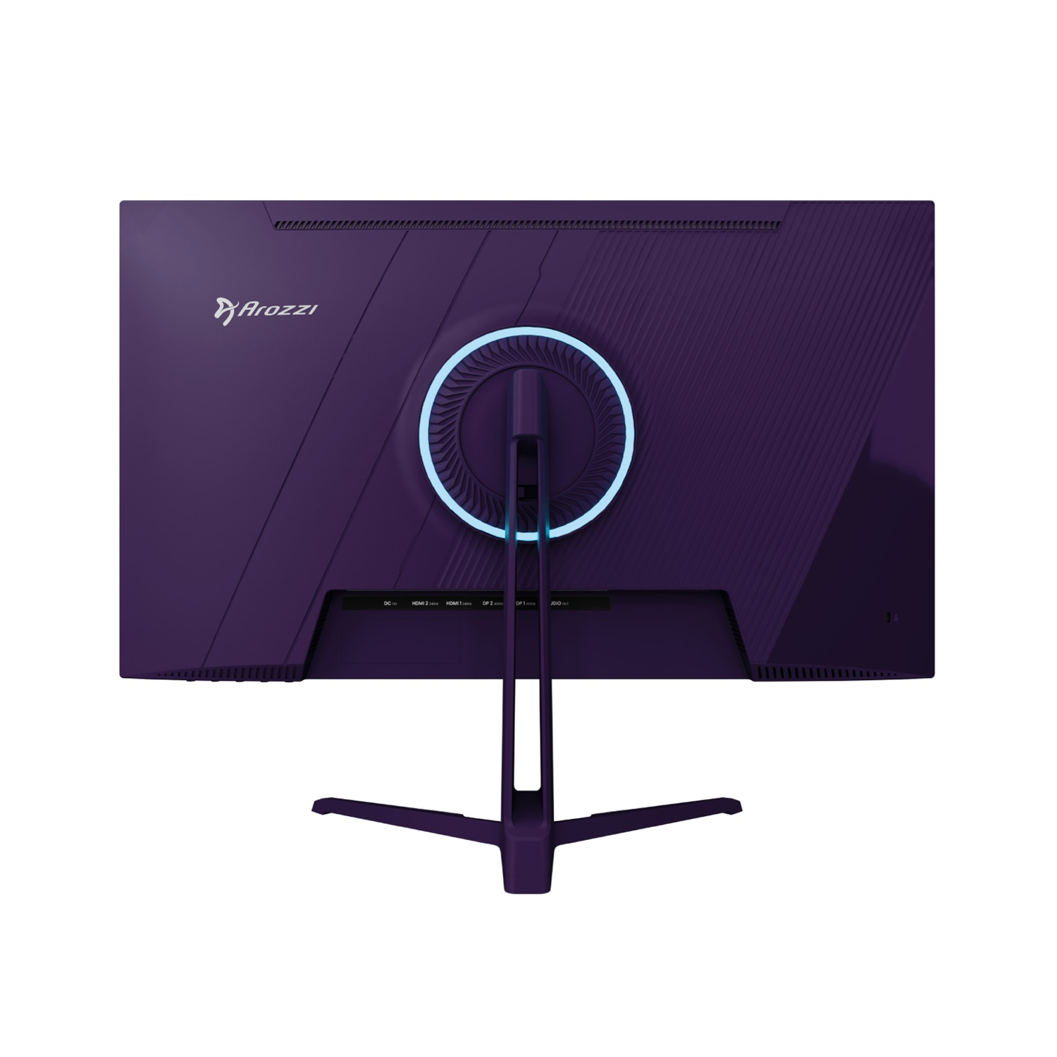 Retro di un monitor Arozzi viola con un anello blu luminoso attorno al supporto.