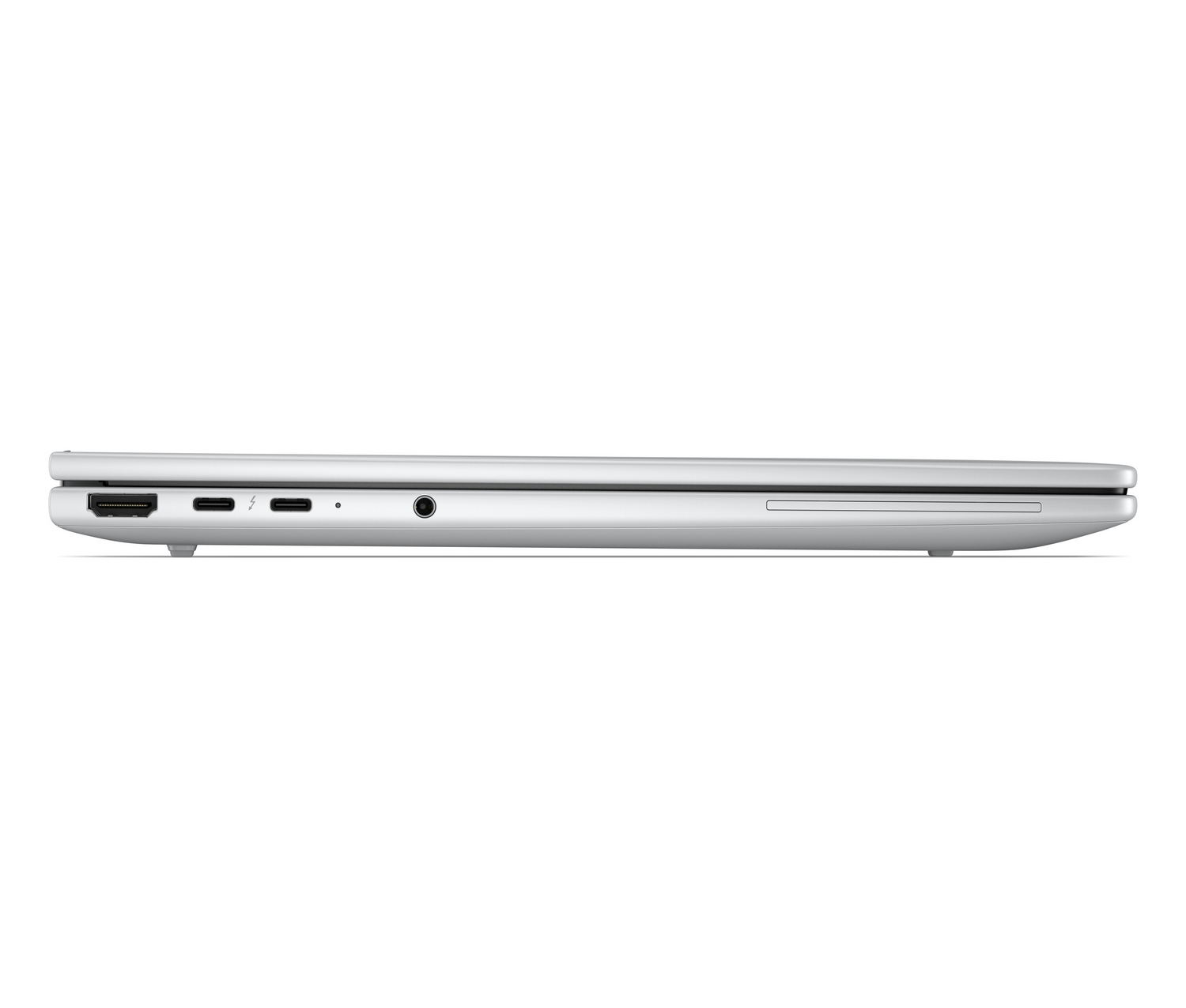 Vista laterale di un laptop argento con porte HDMI, USB-C e audio.