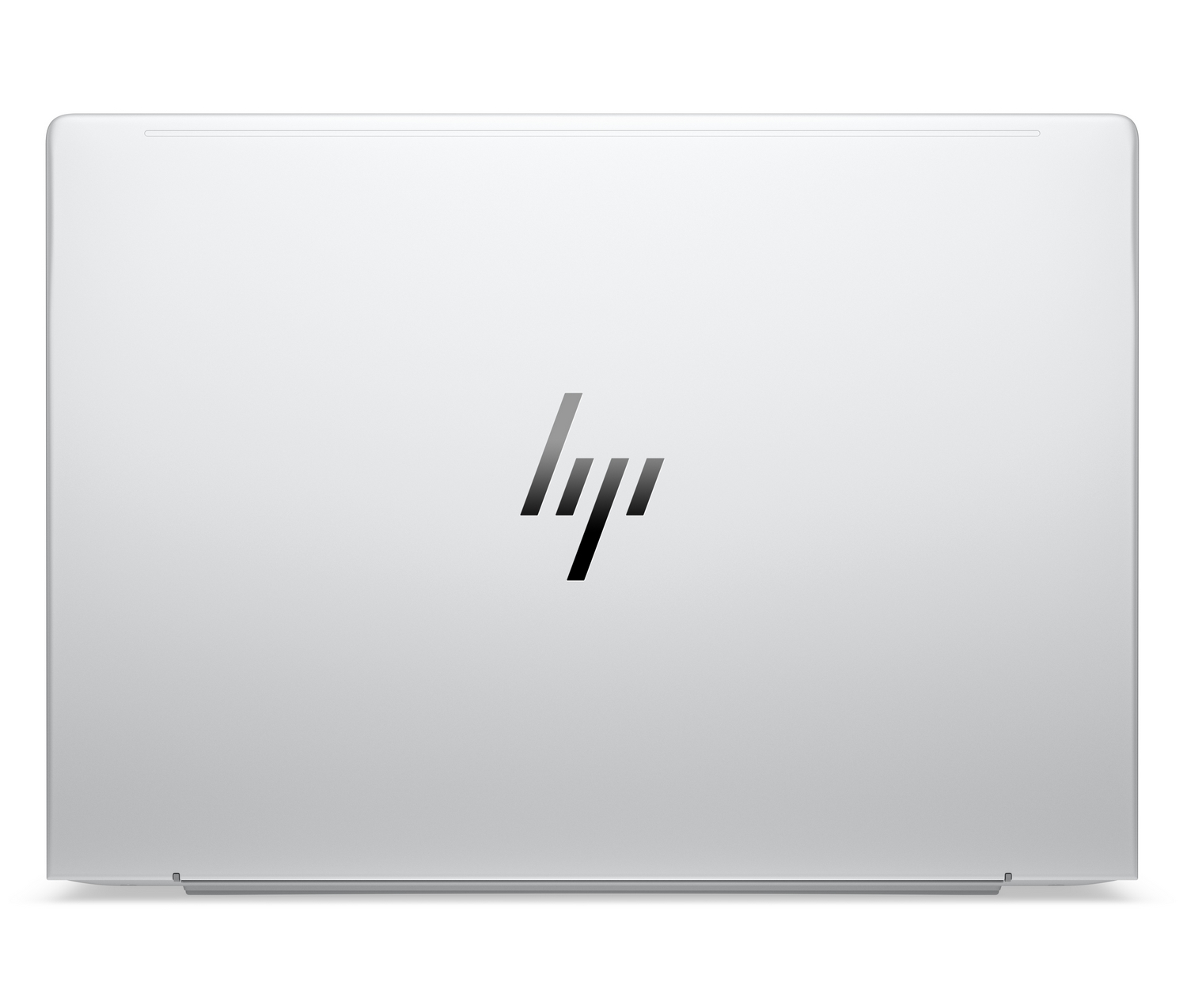 Laptop argentato chiuso con logo HP stilizzato al centro su sfondo bianco.