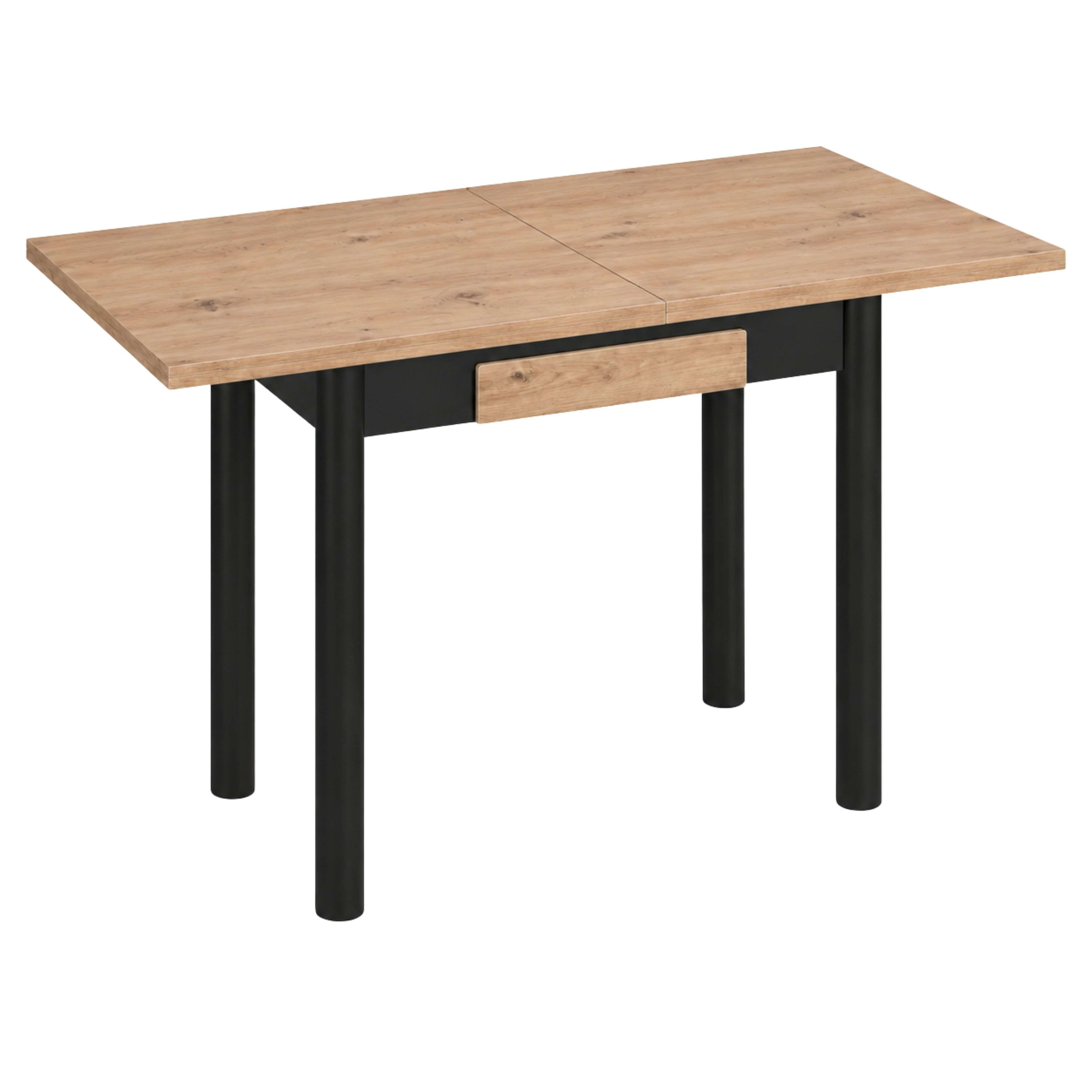 Mesa de comedor moderna con tablero de madera y patas de metal negro.