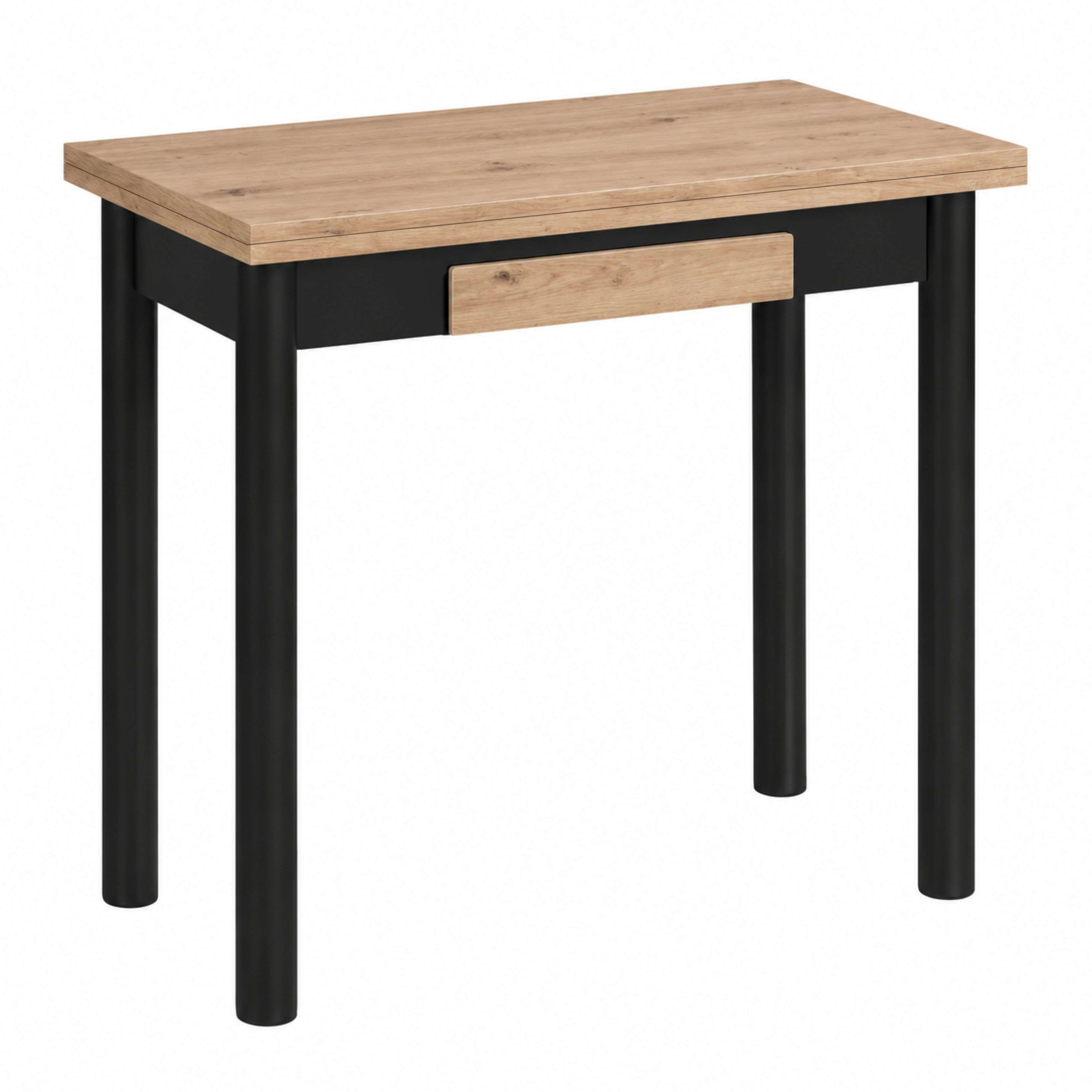 Pequeño escritorio con tablero de madera y estructura negra con un cajón de madera.