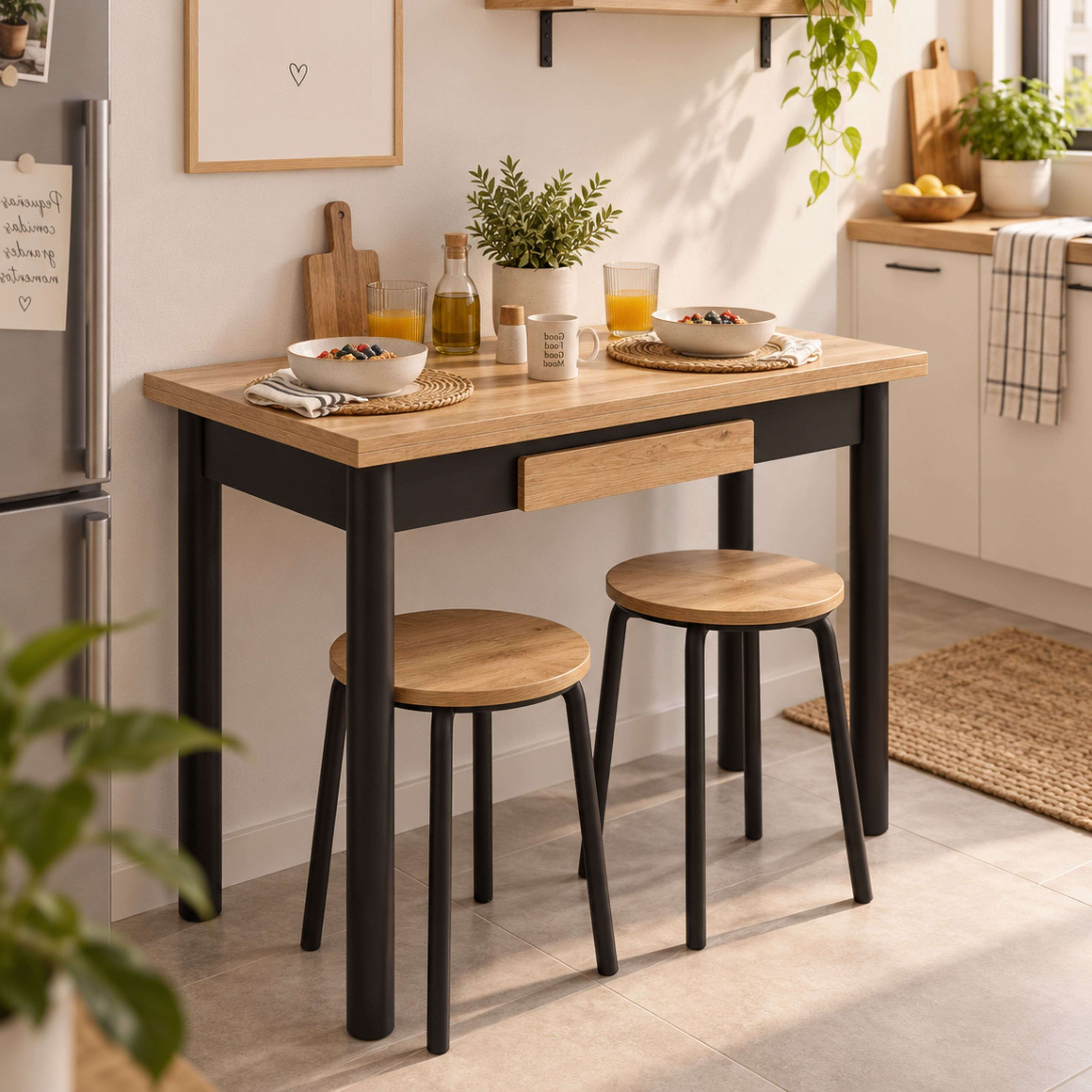 Una mesa de comedor de madera con dos taburetes redondos en una cocina luminosa, con cuencos, vasos y una planta.