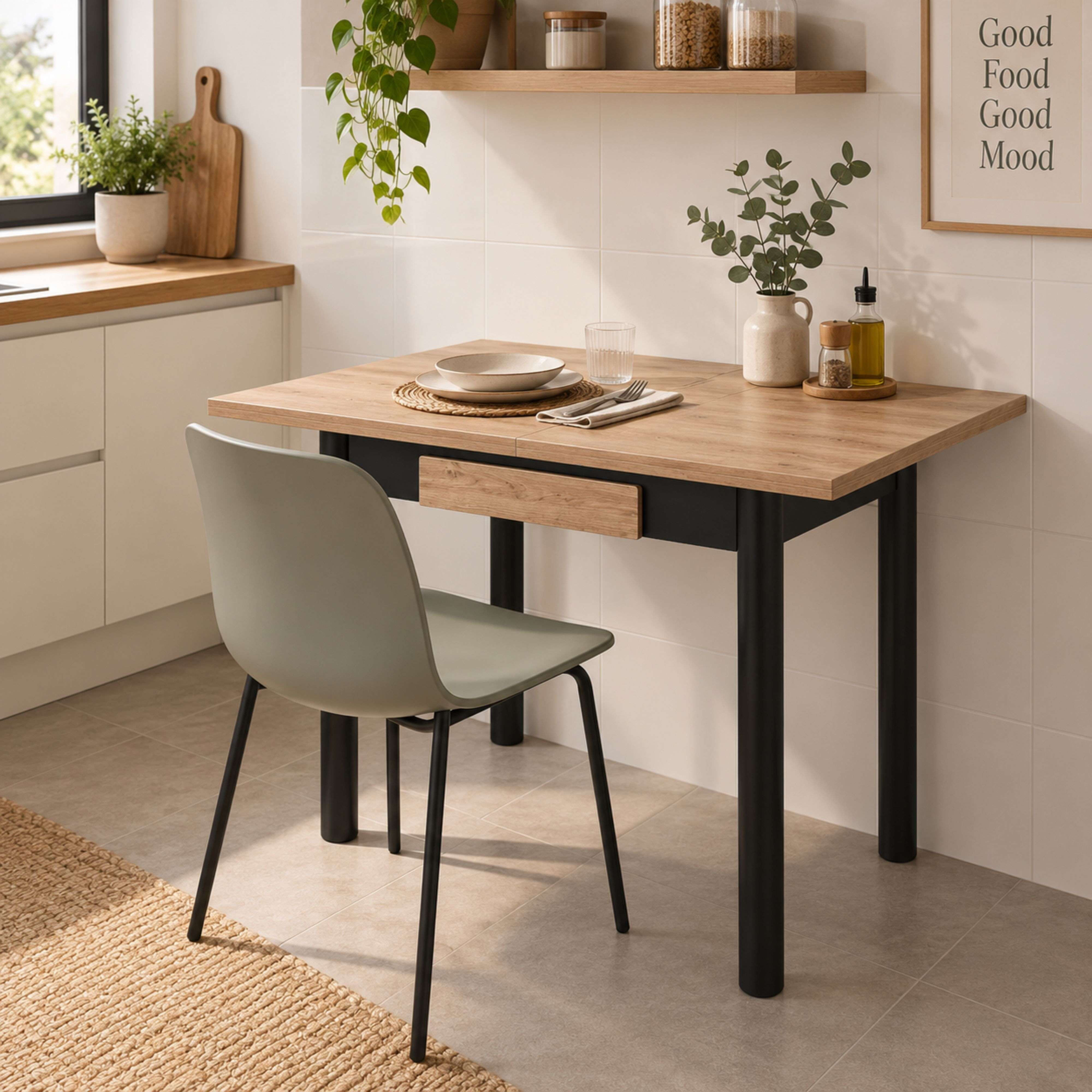 Mesa de comedor de madera con patas negras, silla verde salvia, platos, jarrón con ramas y decoración.