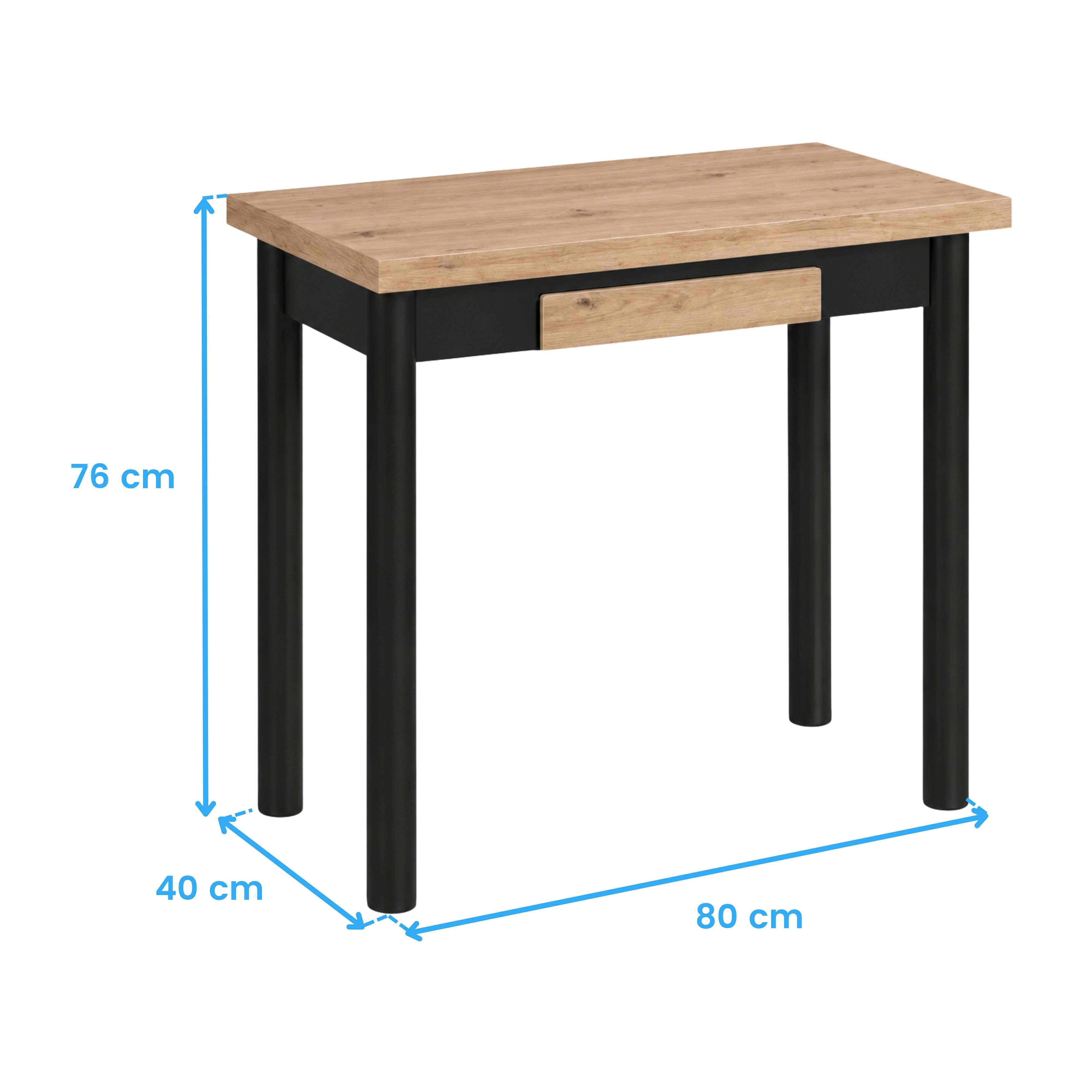 Pequeño escritorio con tablero de madera, estructura negra y un cajón. Medidas: 80x40x76 cm.