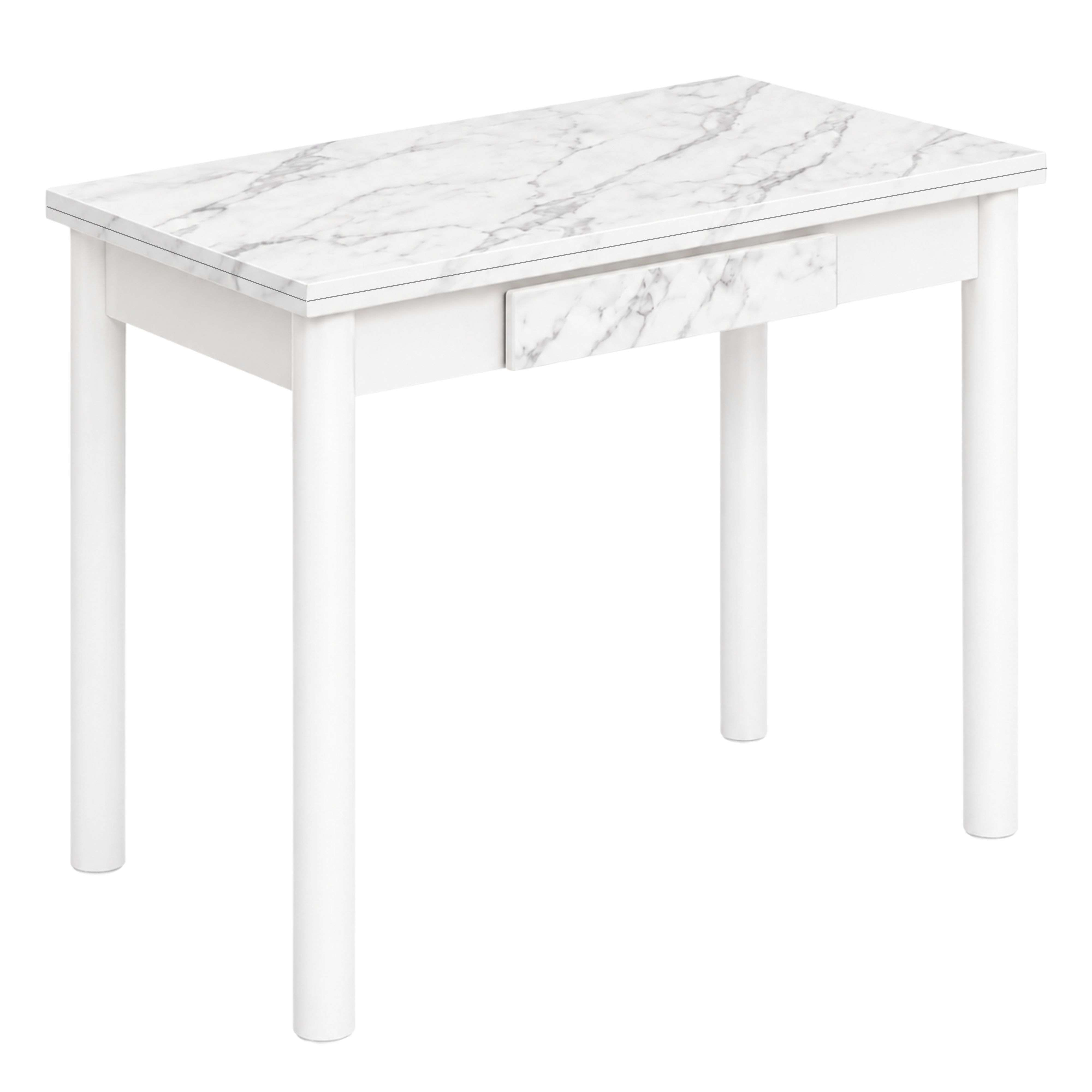 Una mesa blanca con tapa de mármol y un cajón.