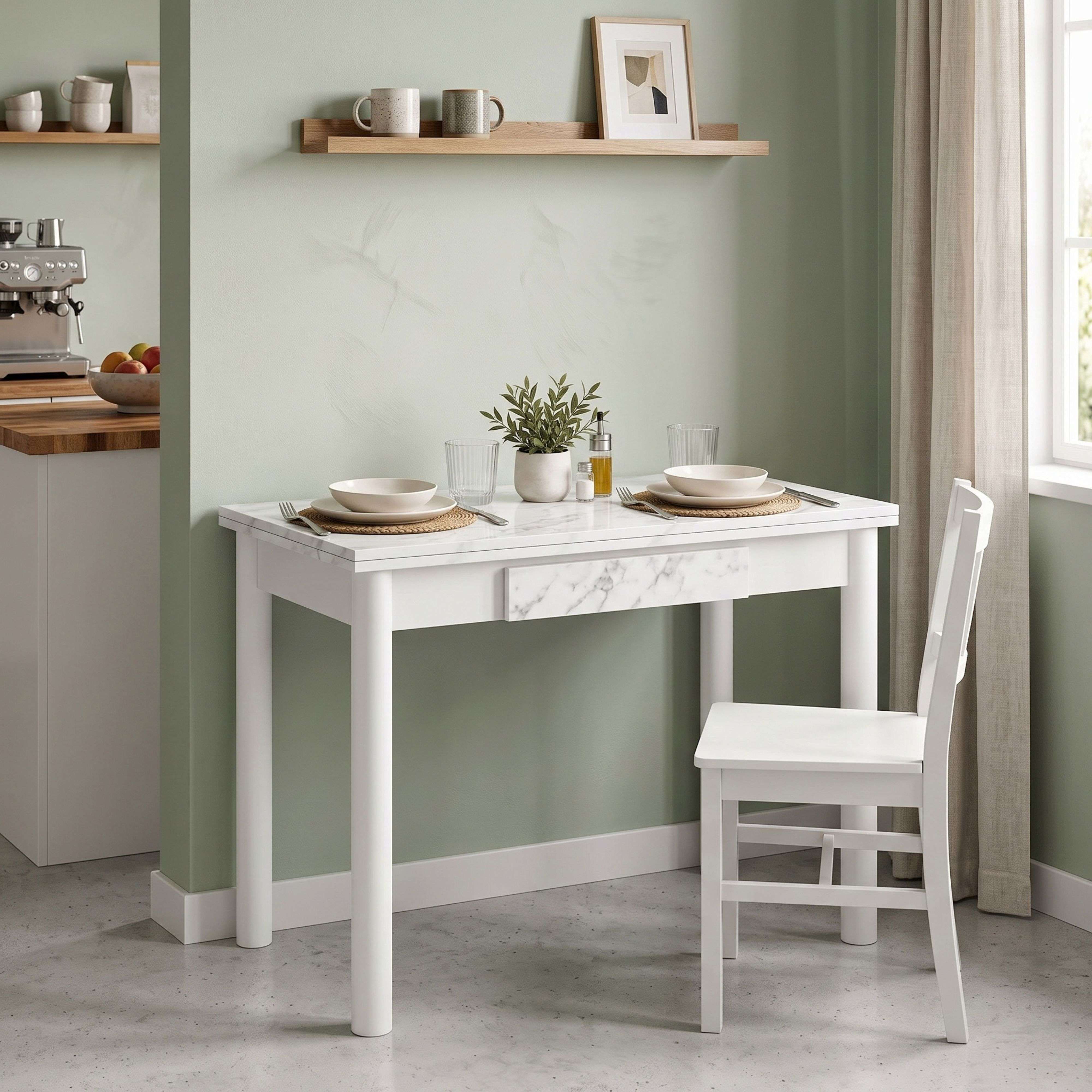 Una mesa de mármol blanco con dos puestos y una silla blanca se encuentra frente a una pared verde claro.
