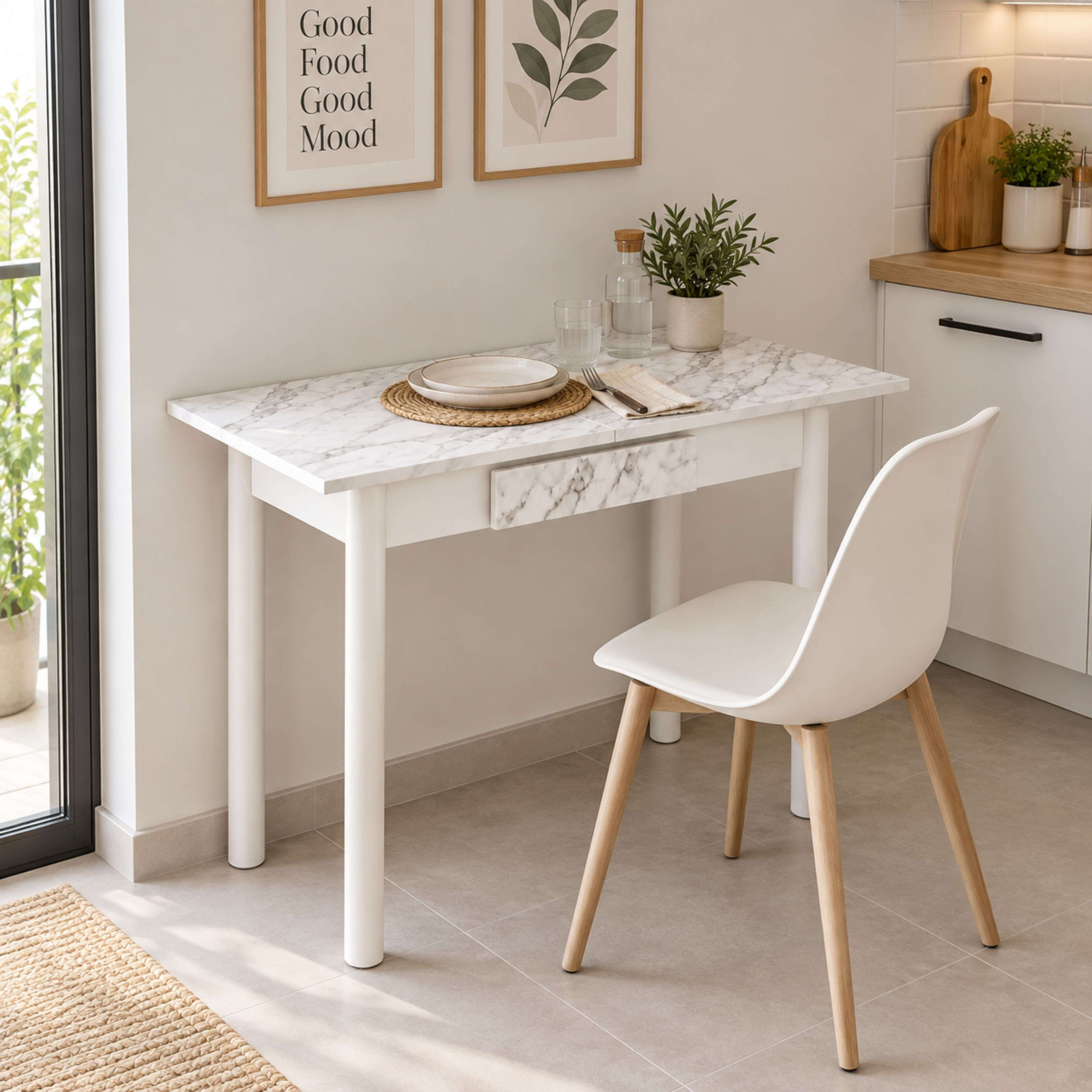 Una mesa de mármol blanco con silla en cocina moderna, con cuadros en la pared.