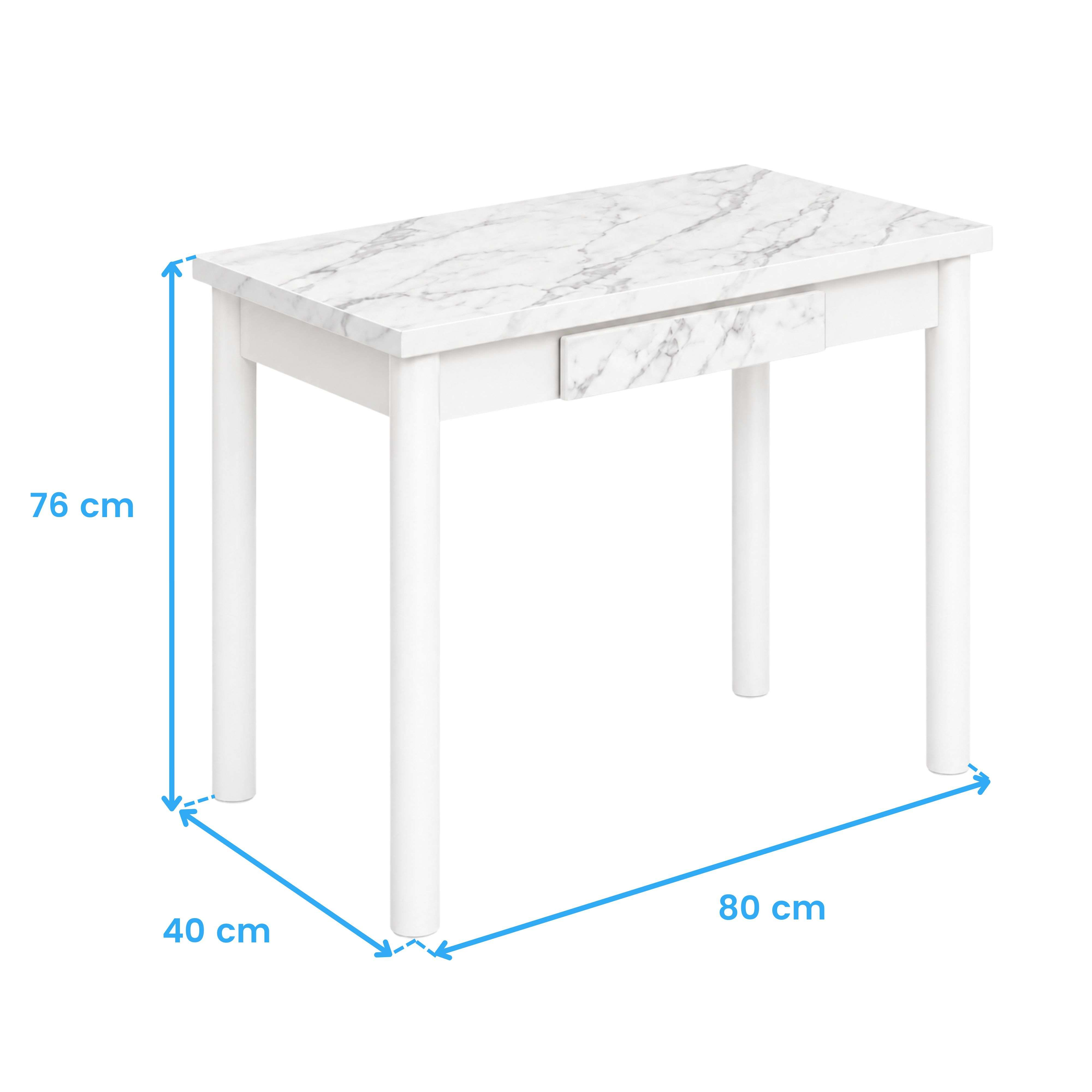 Escritorio blanco con tablero de mármol, de 80 cm de ancho, 40 cm de profundidad y 76 cm de alto.