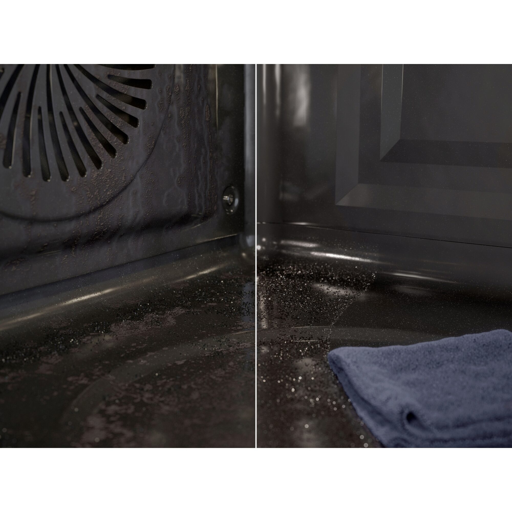 Vista dividida que muestra el interior de un horno sucio a la izquierda y limpio con un paño azul a la derecha.