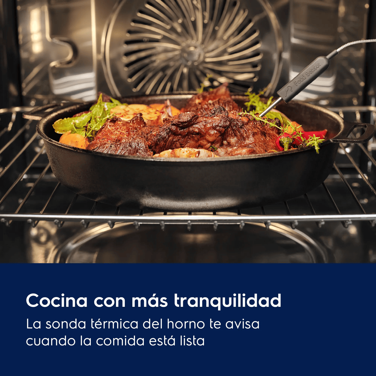 Carne asada con sonda térmica dentro del horno.