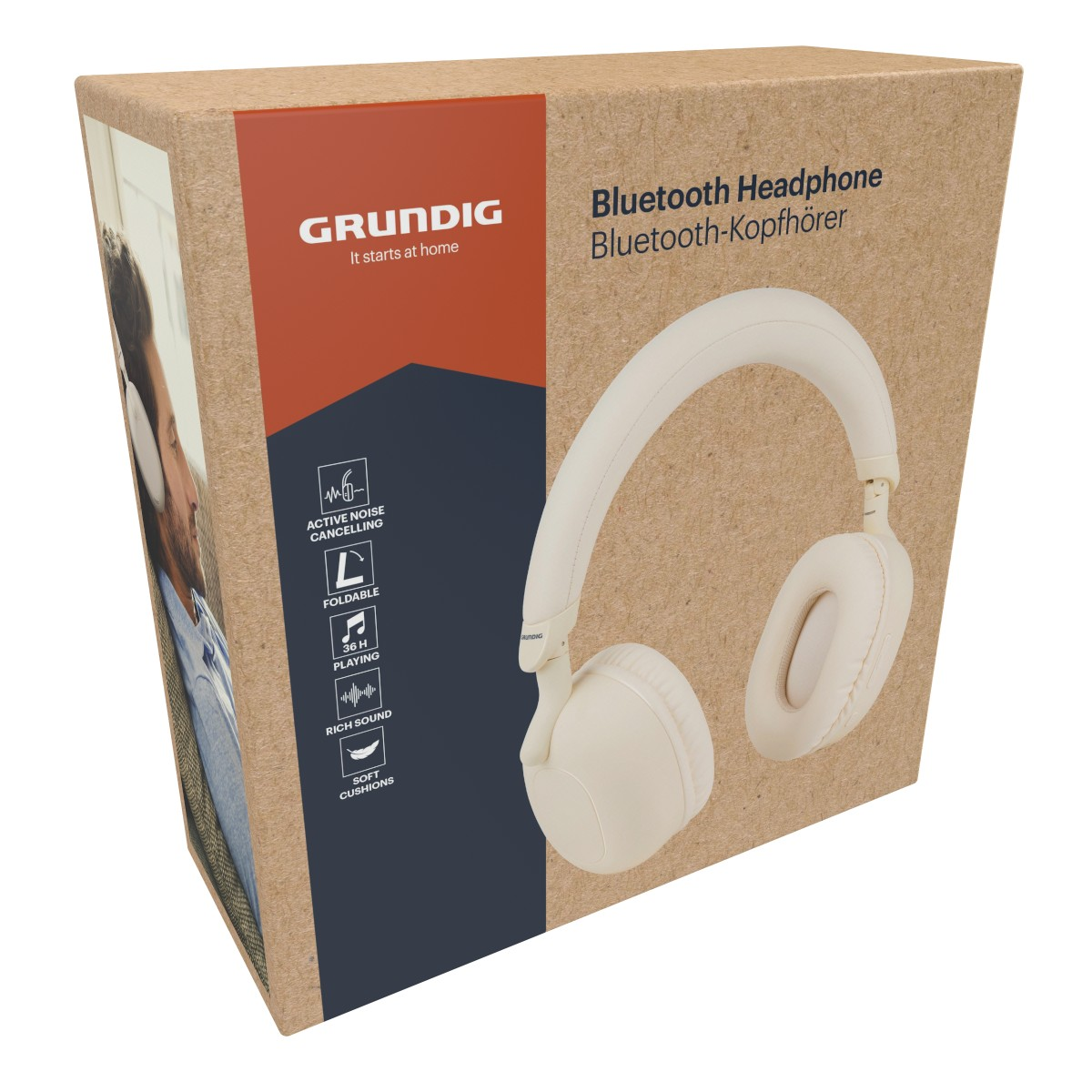 Grundig Bluetooth-Kopfhörer Box in Beige mit Bildern und Produktdetails.