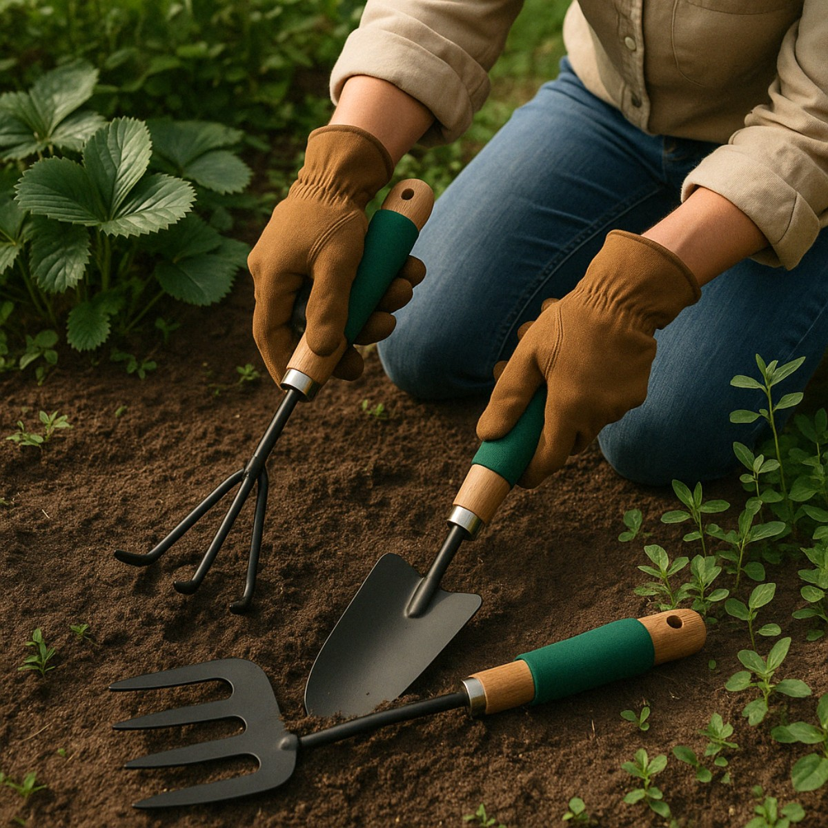 Person in garden gloves kneels in soil with tools like a trowel and cultivator.