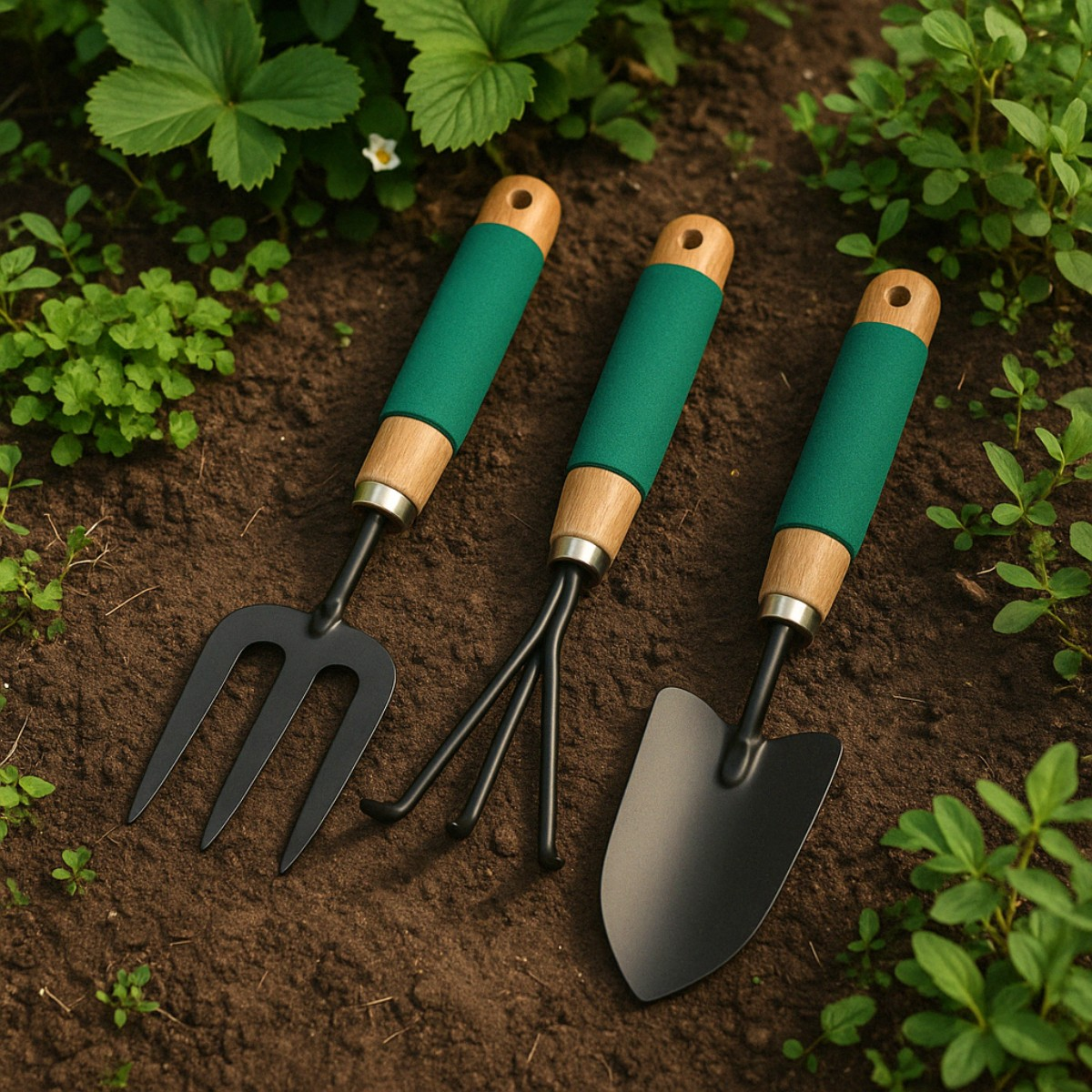 Three garden tools with wood and green grips lie on soil, surrounded by green plants.