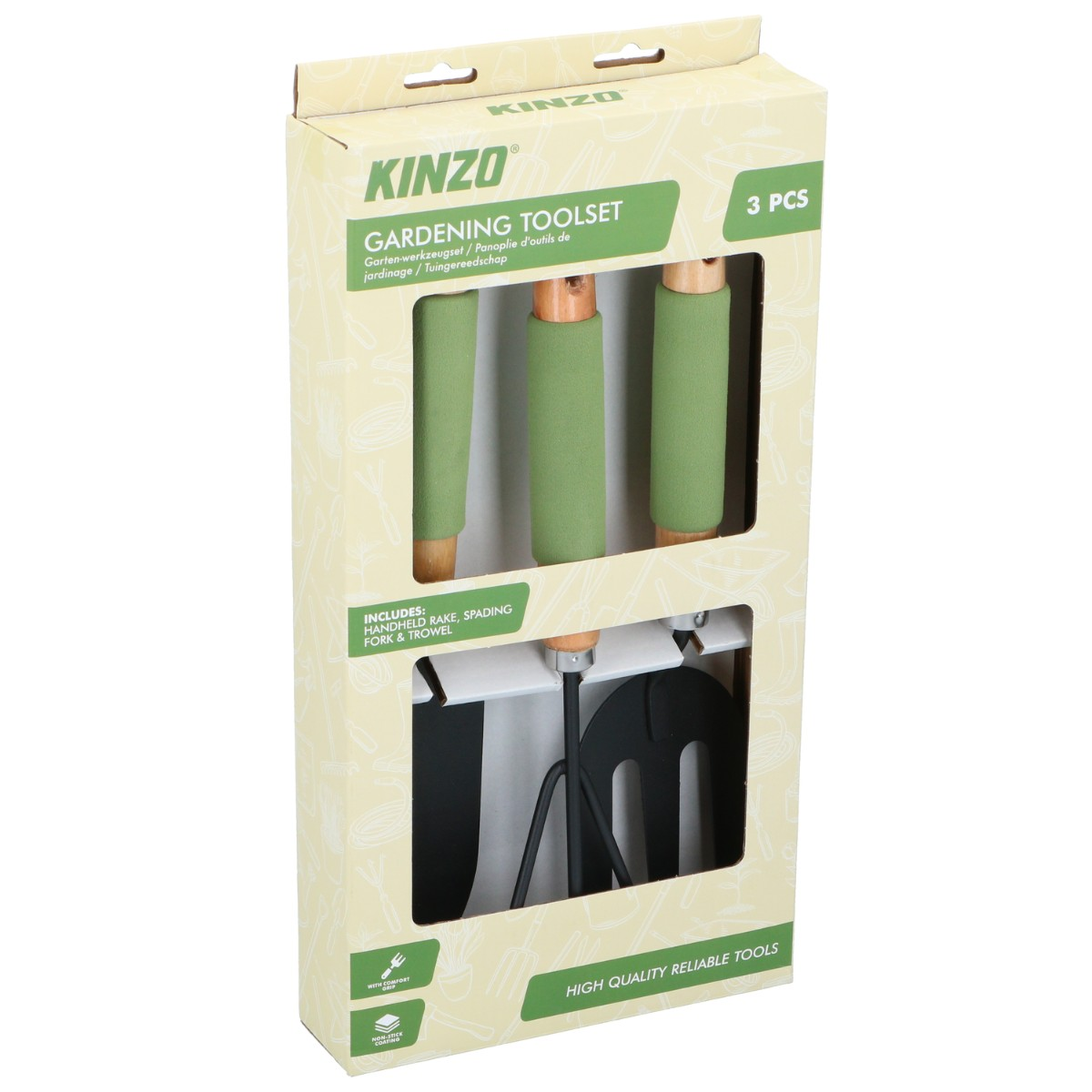 A Kinzo 3-piece gardening toolset box containing a rake, spading fork, and trowel with green and wooden handles.