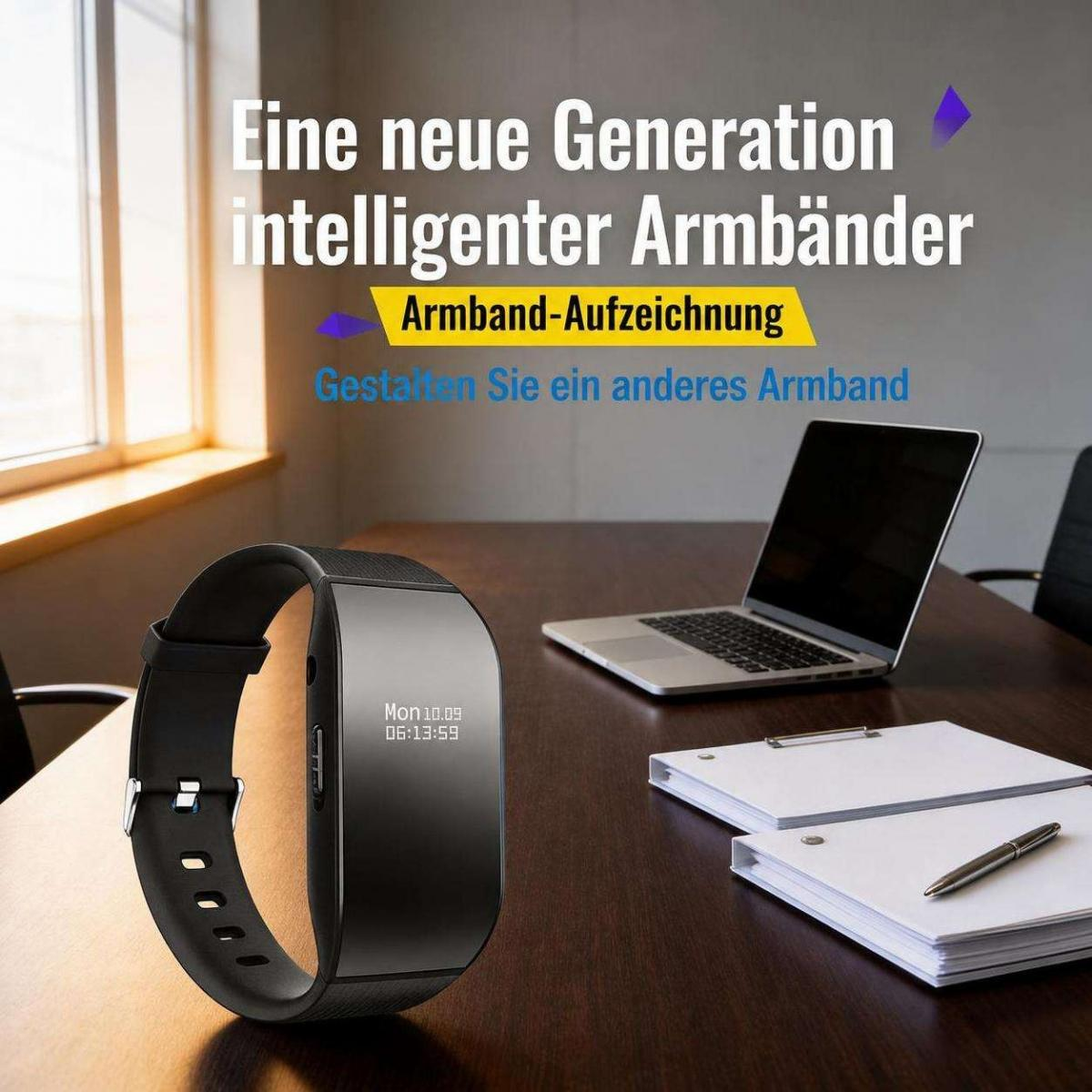 Ein schwarzes Smartband auf einem Holztisch mit Laptop und Notizen im Hintergrund und deutscher Werbung.