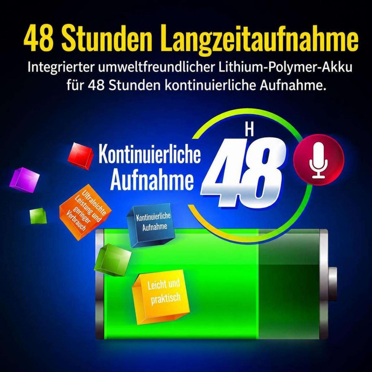 Werbebild für 48 Stunden Langzeitaufnahme mit Akku und deutscher Beschriftung.