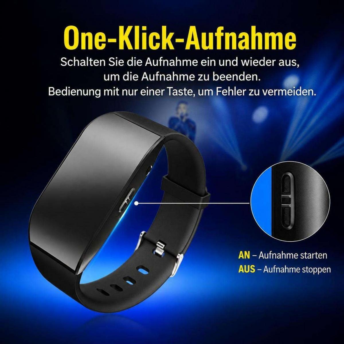 Ein schwarzes Armband mit einem Schalter für One-Click-Aufnahme und deutscher Beschreibung.