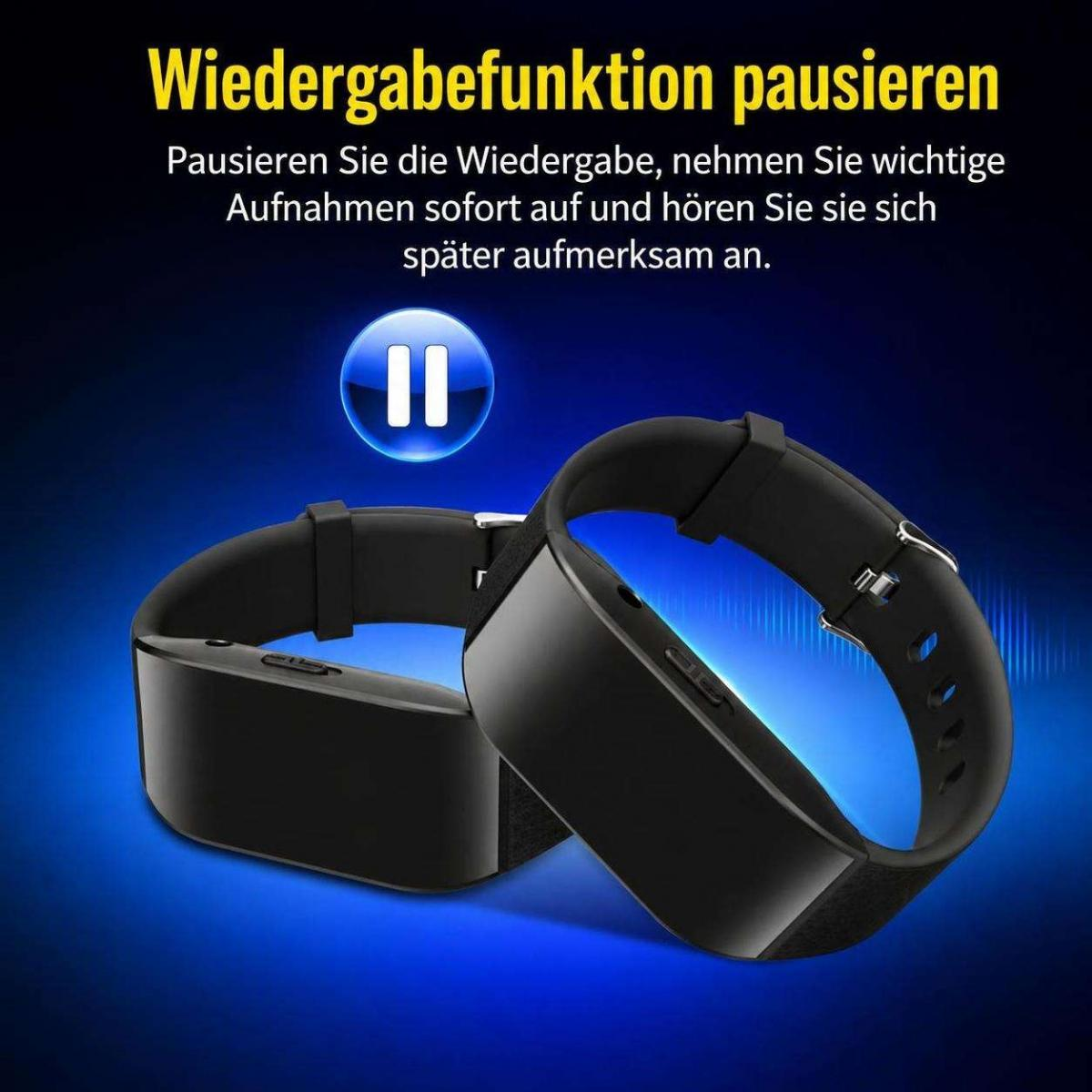 Zwei schwarze Smartwatch-Bänder vor einem blauen Hintergrund mit deutscher Aufschrift über Wiedergabefunktion.