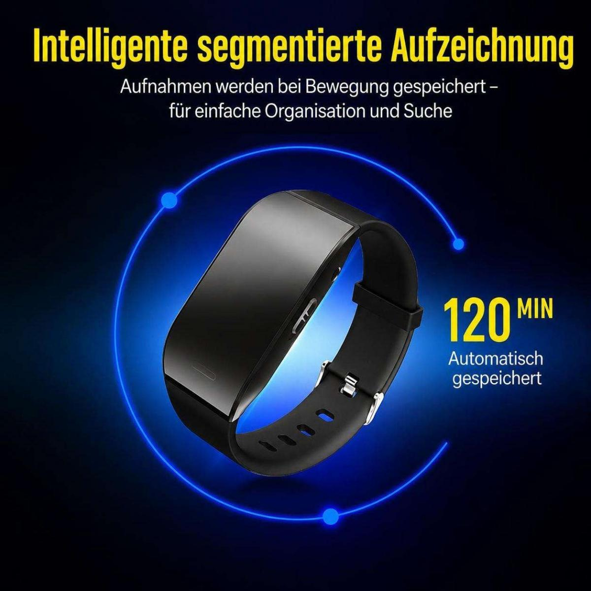 Schwarzes Smart-Armband auf blauem Hintergrund mit deutschen Texten über smarte Aufzeichnung.