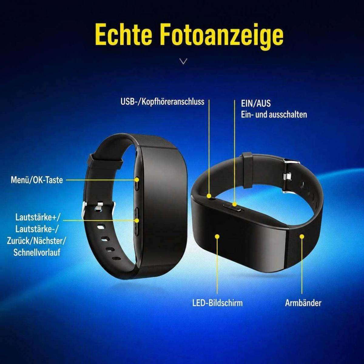 Produktdiagramm eines schwarzen Smartbands mit beschrifteten Tasten und Funktionen vor blauem Hintergrund.
