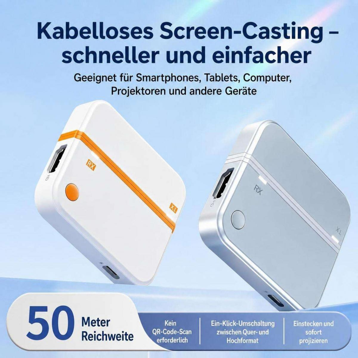 Zwei weiße wireless screen casting Geräte vor blauem Hintergrund mit deutschem Text.