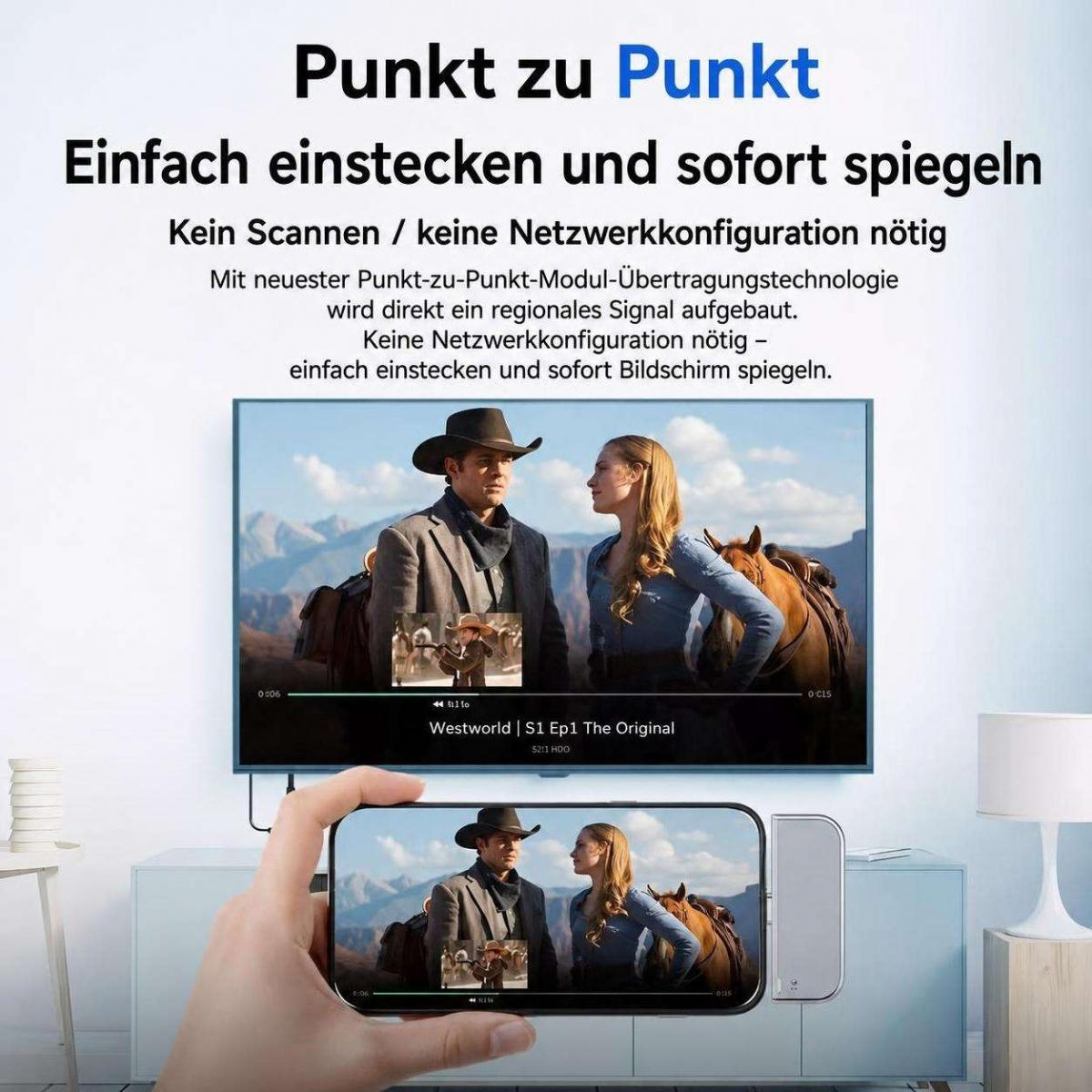 Smartphone spiegelt kabellos ein Video von Westworld auf einen Fernseher.