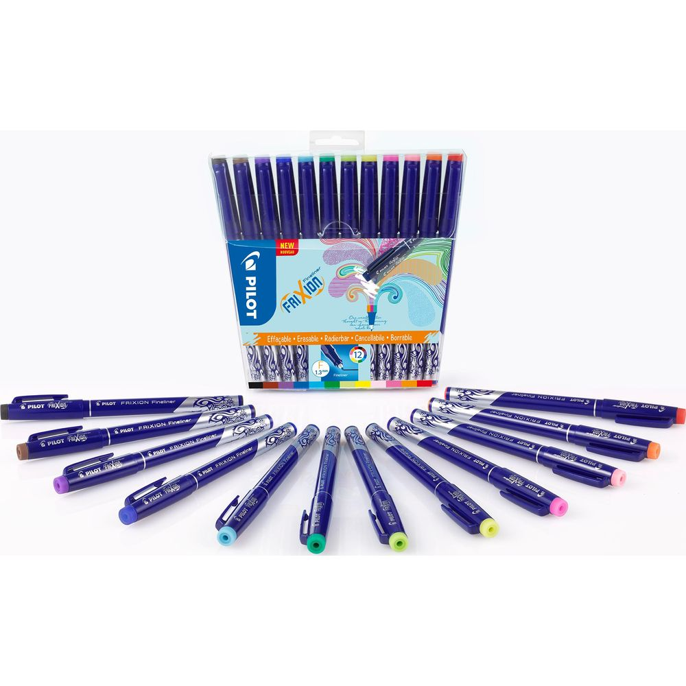 Ein Paket mit bunten Pilot FriXion Finelinern, die ausgepackt und einzeln davor aufgereiht sind.