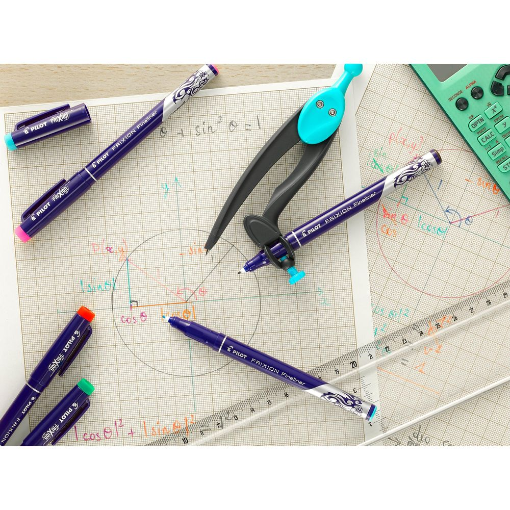 Lila Stifte, ein Zirkel, ein Lineal und ein Taschenrechner auf Millimeterpapier mit Matheformeln.