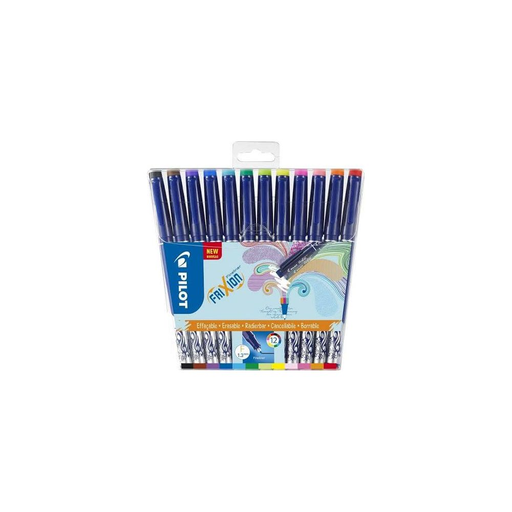 Packung mit 12 bunten Pilot FriXion Fineliner Stiften.