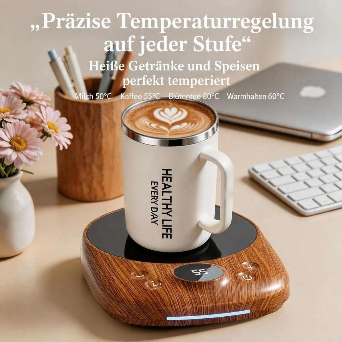 Eine Kaffeetasse auf einer Holzwärmeplatte mit Text über Temperaturregelung.