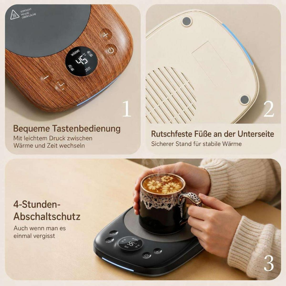 Produktmerkmale eines elektrischen Tassenwärmers mit Holzmuster, rutschfester Unterseite und automatischer Abschaltung.