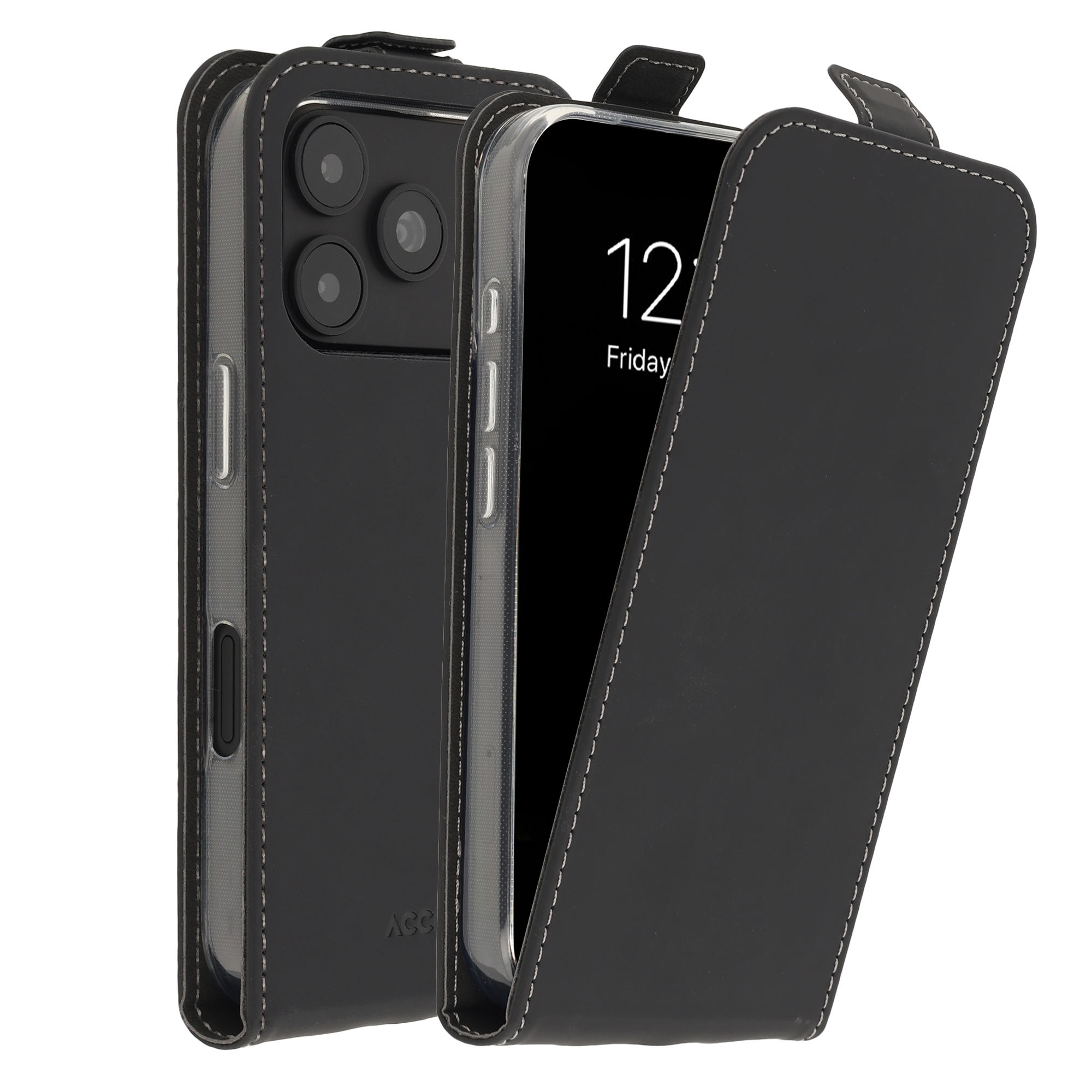 Eine schwarze Leder-Smartphone-Hülle mit Klappdeckel zeigt Vorder- und Rückseite vor weißem Hintergrund.