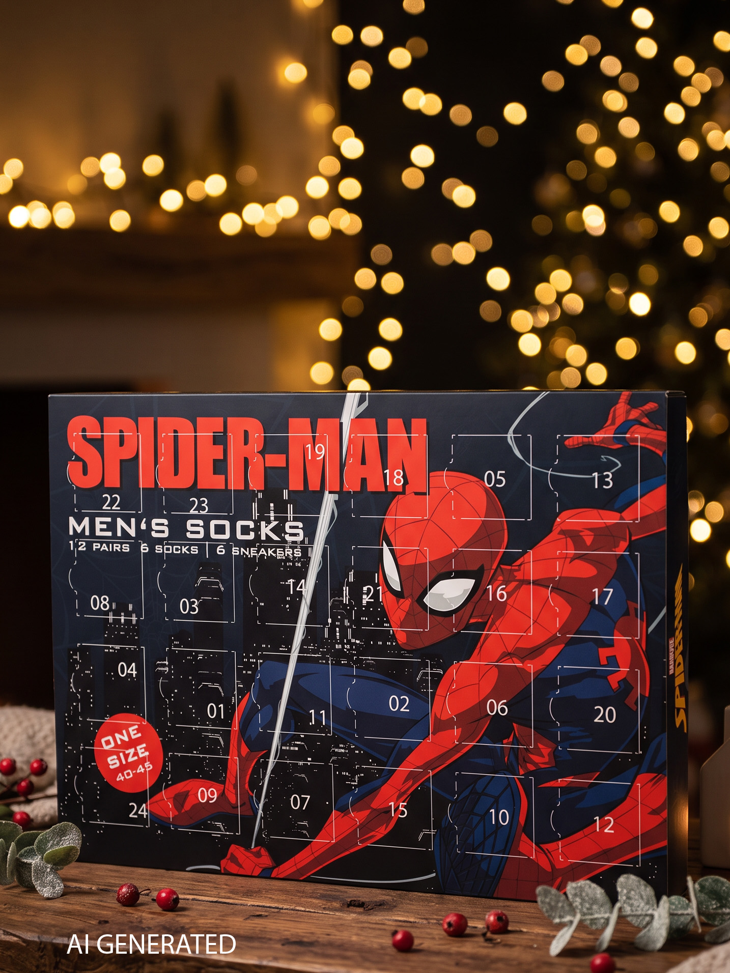 Spider-Man Adventskalender mit Men's Socks Aufschrift auf einem Holztisch vor glühender Weihnachtsbeleuchtung.