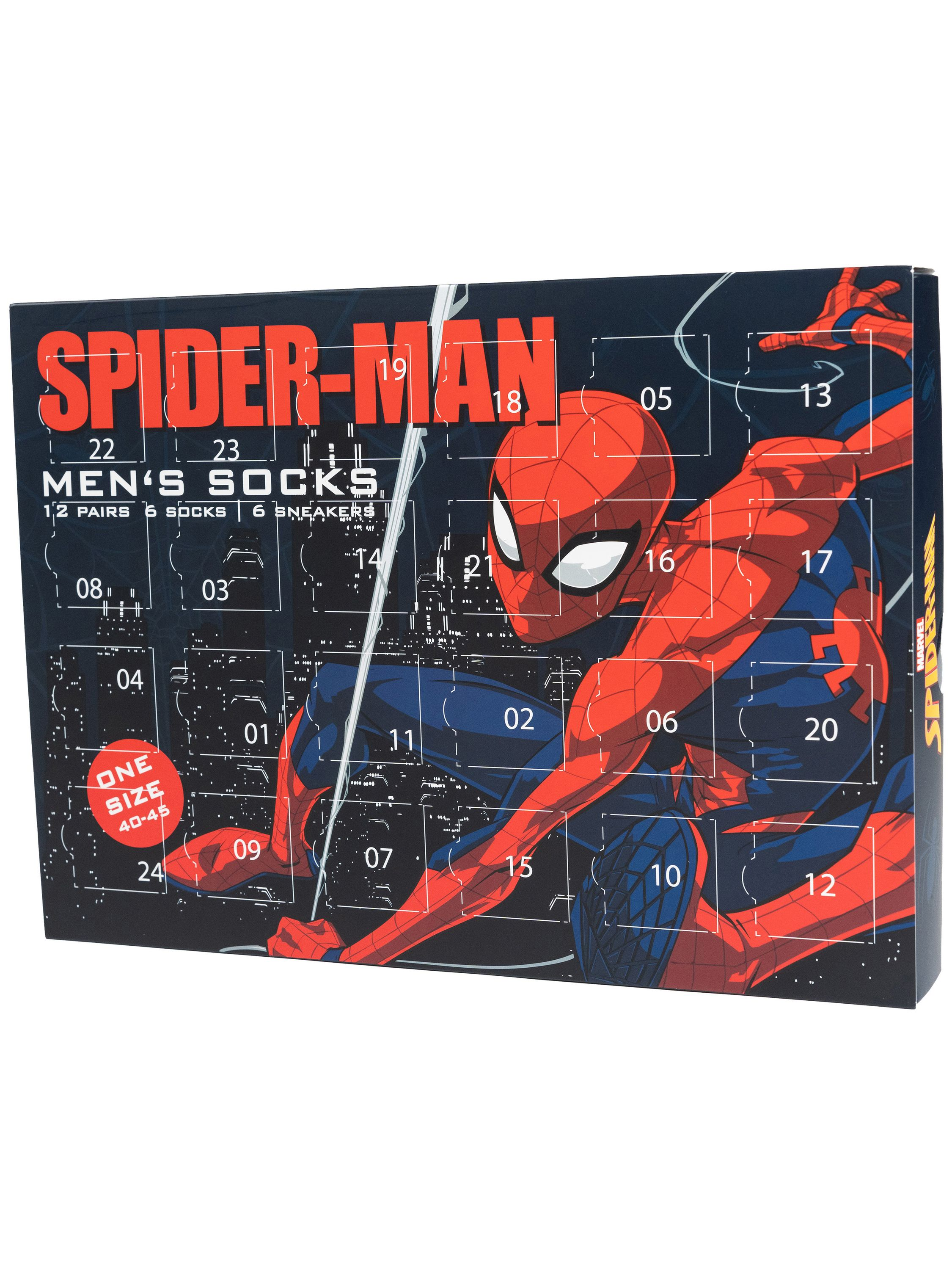 Spider-Man Adventskalender Box mit nummerierten Türen vor dunklem Stadthintergrund.