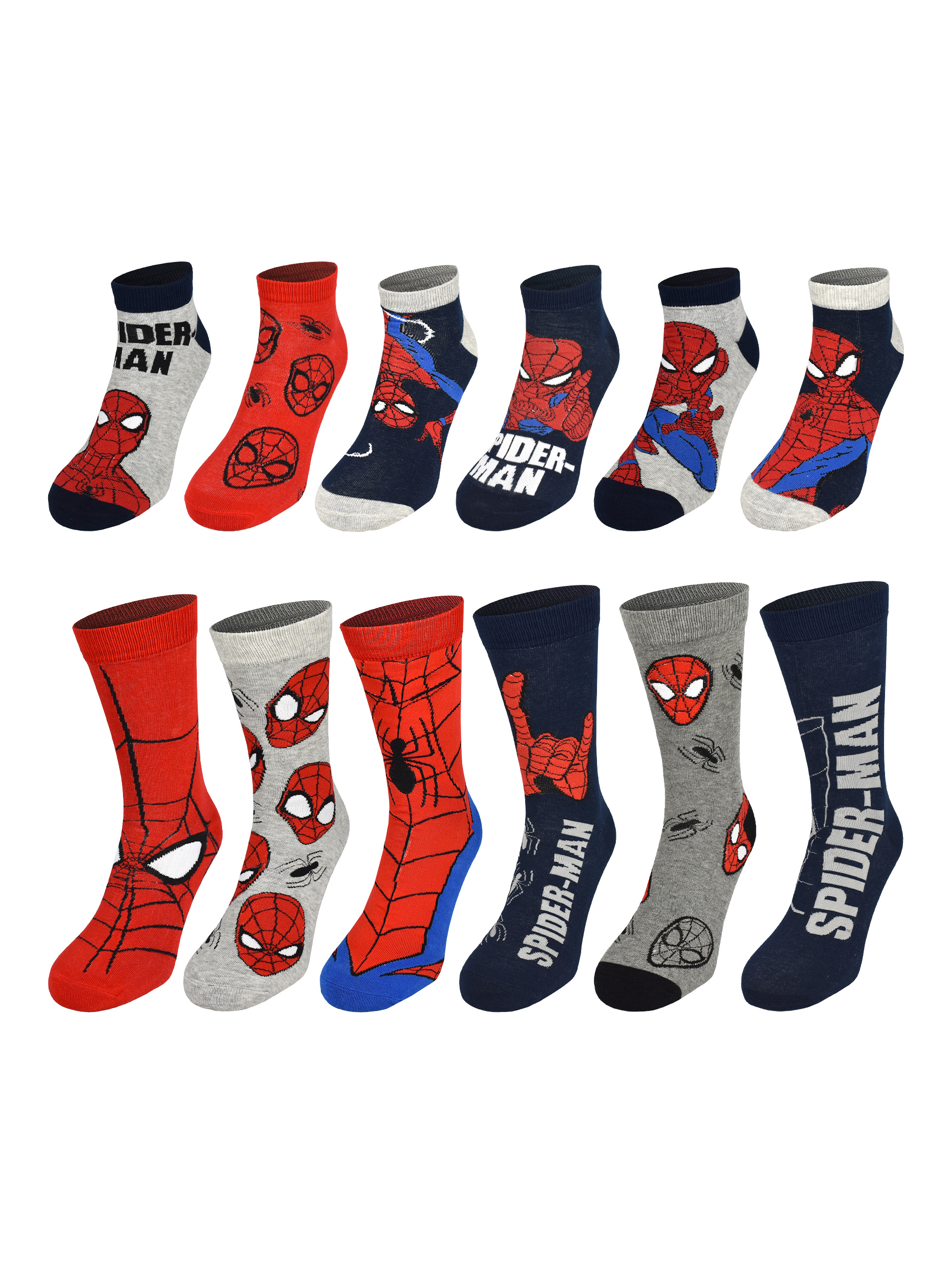 Zwölf Paar verschiedene Spider-Man Socken in rot, grau und blau auf weißem Grund.