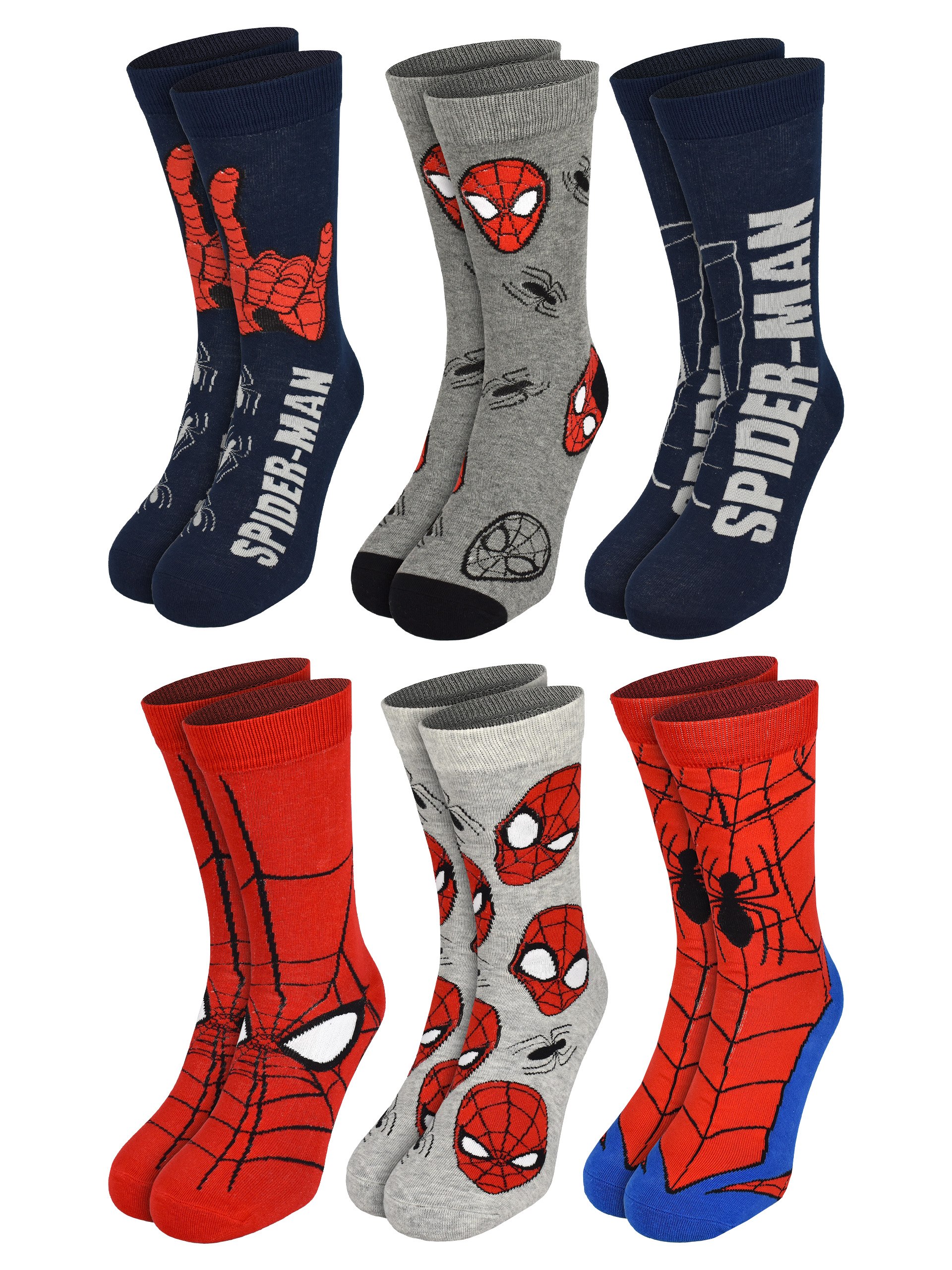 Sechs Paar Spider-Man-Socken in Blau, Grau und Rot mit Spinnennetzmustern und Motiven.