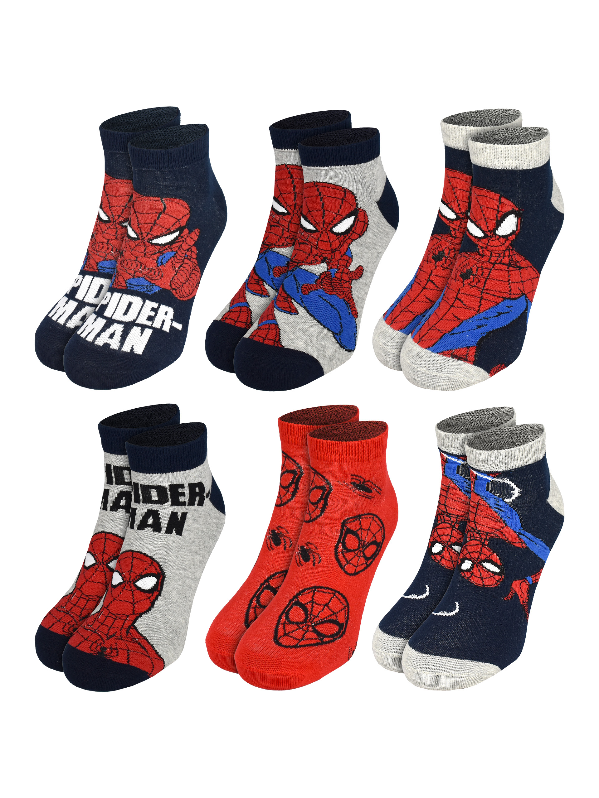 Sechs Paare bunte Spider-Man Socken in verschiedenen Designs und Farben auf weißem Hintergrund.