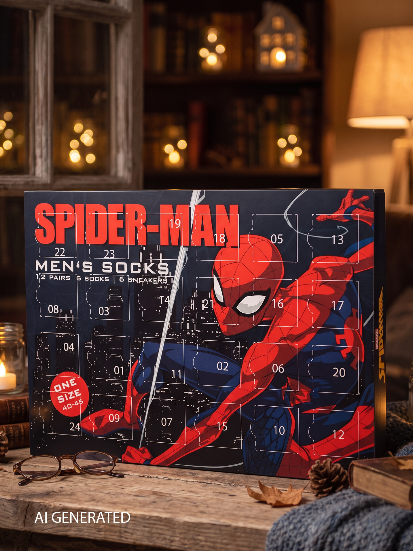 Spider-Man Adventskalender für Herrensocken auf Holztisch mit Brille, Tannenzapfen und warmer Hintergrundbeleuchtung.