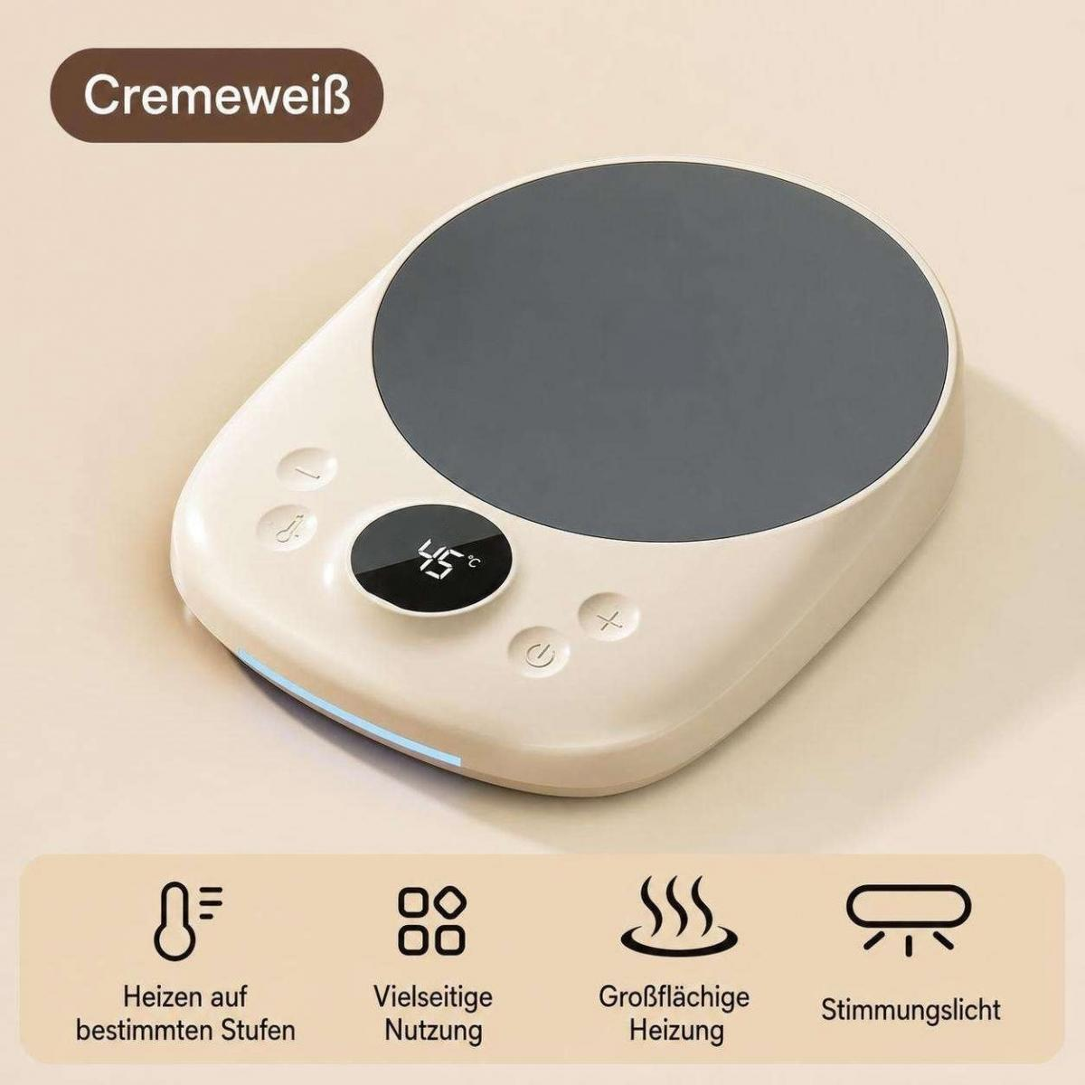 Cremeweißer elektrischer Becherwärmer mit digitaler Temperaturanzeige und Touch-Bedienfeld auf beigem Hintergrund.
